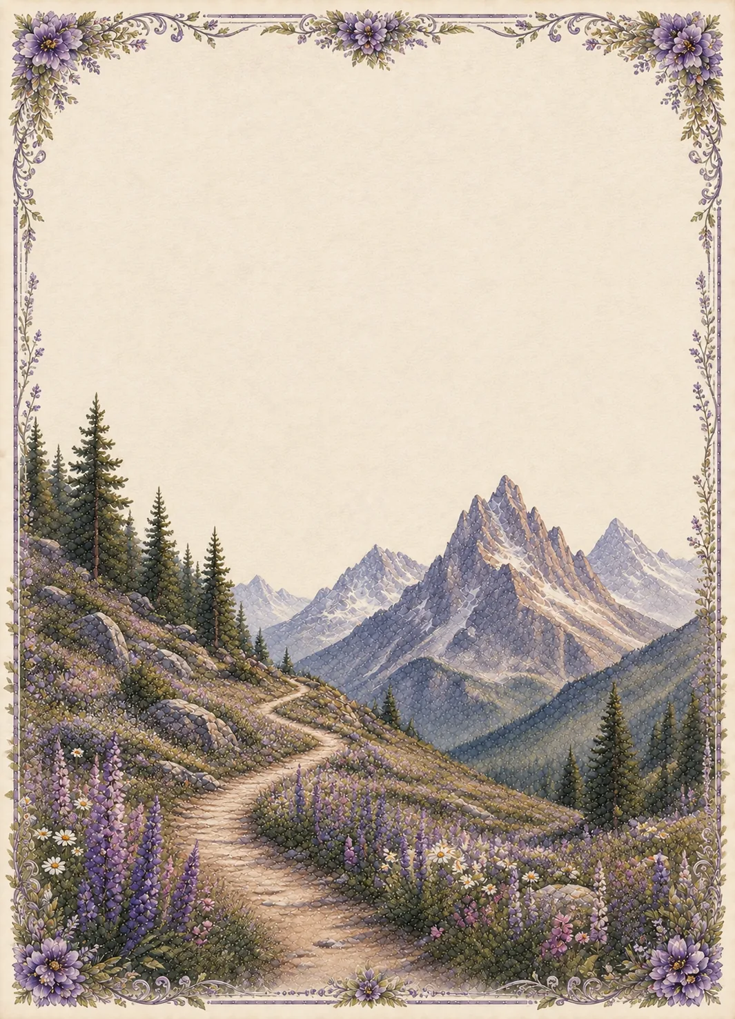 Winding mountain path through purple lupines bordered by elegant floral corners.