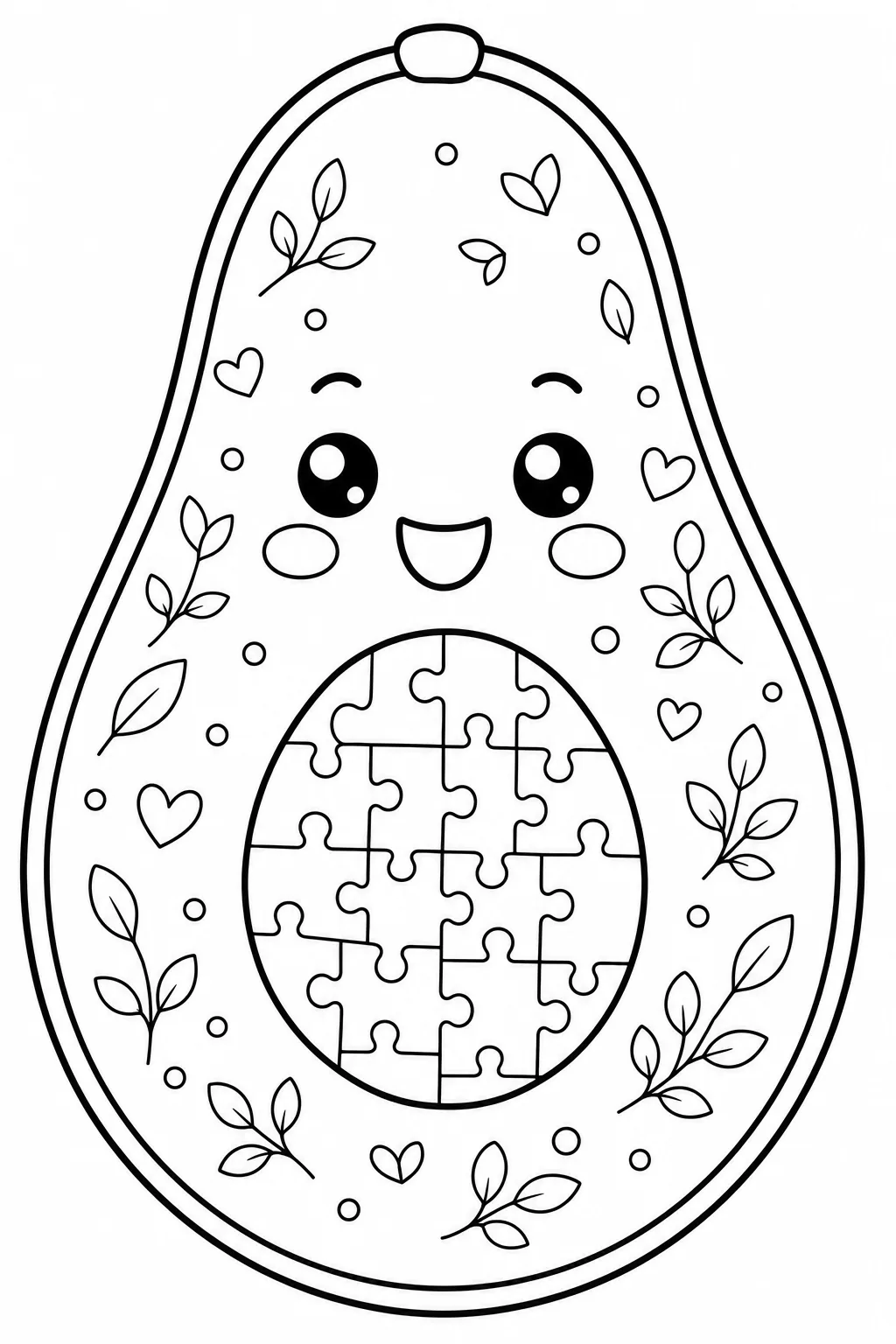 Happy avocado character with a jigsaw puzzle pit and leafy skin.