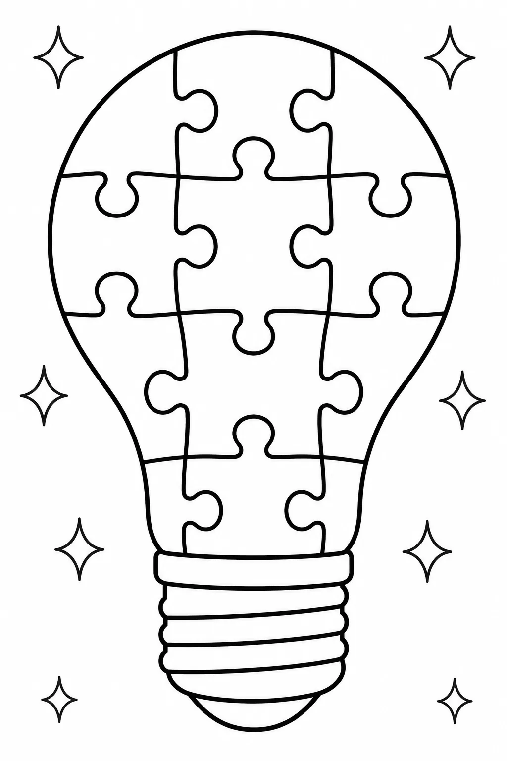 Interlocking jigsaw puzzle pieces forming a light bulb shape surrounded by small decorative stars.