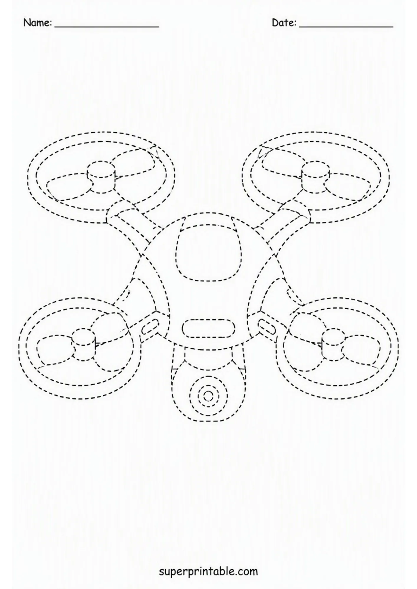 Detailed quadcopter drone line tracing activity worksheet for children.