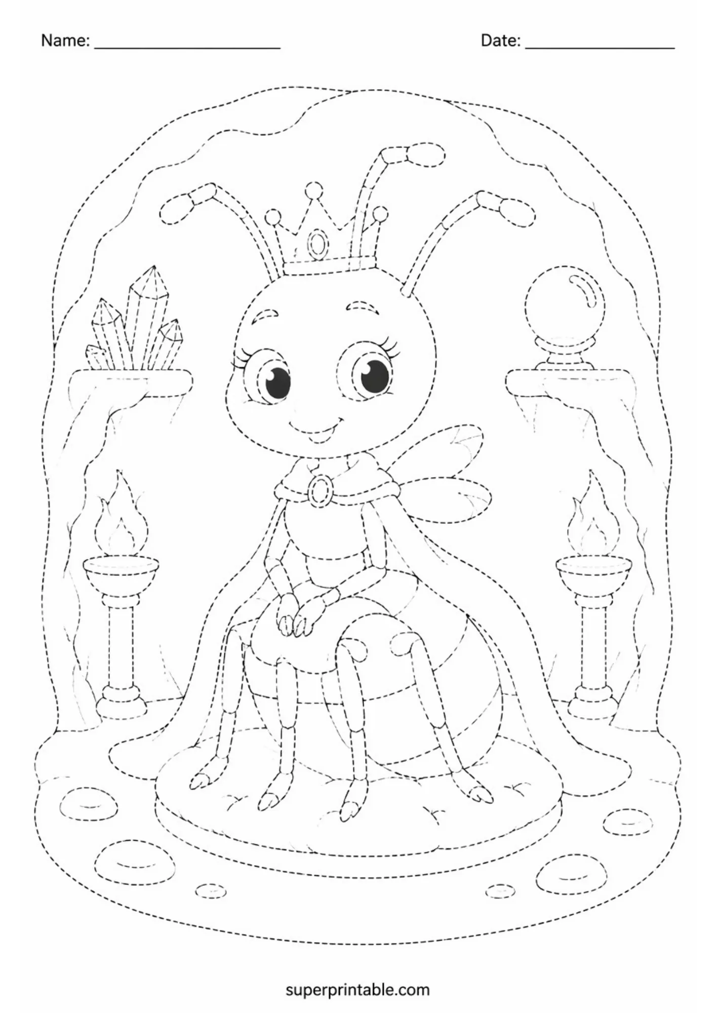 Queen ant sitting on a crown throne tracing page in printable ant colony activity worksheets.