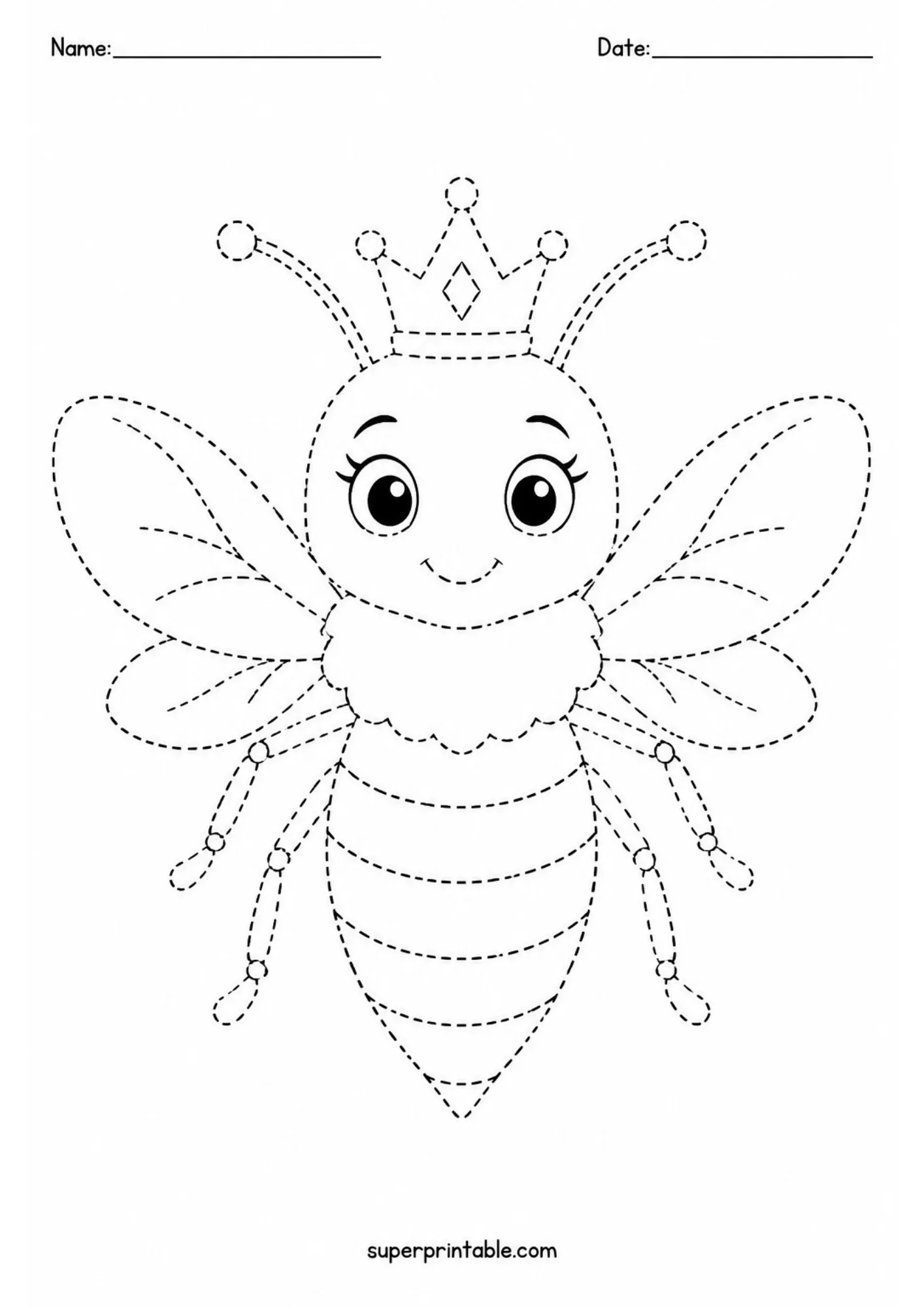 Tracing worksheet illustration of a majestic queen bee wearing a royal crown.
