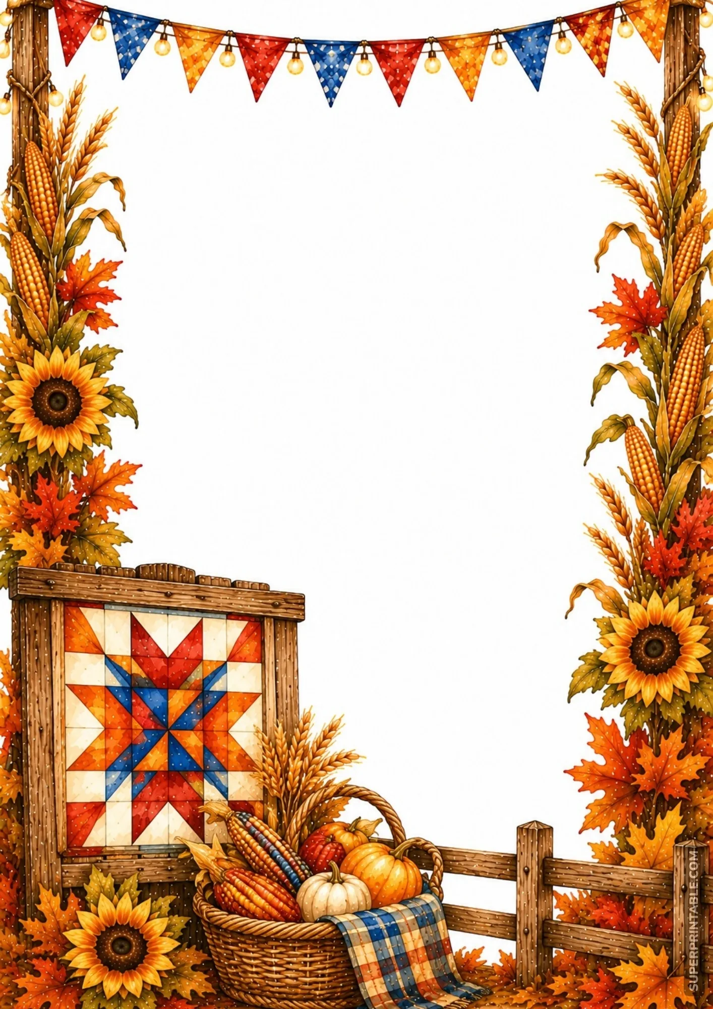 Decorative state fair border pages featuring a colorful star quilt block, pumpkins in a basket, and sunflowers.