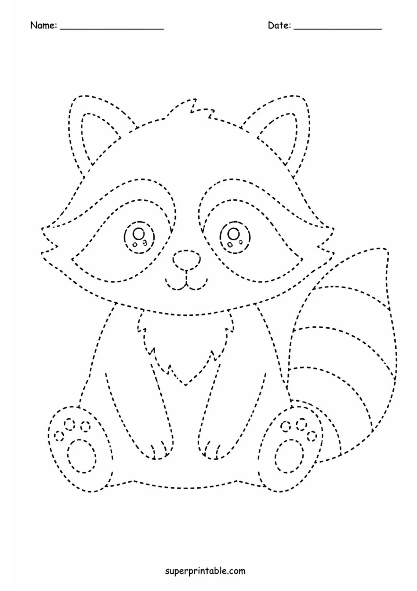 Free printable raccoon outline using dashed lines for kids.
