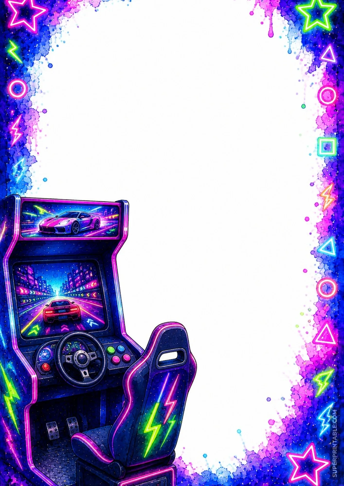 High-speed arcade racing game cabinet border with steering wheel controls and neon lightning accents.