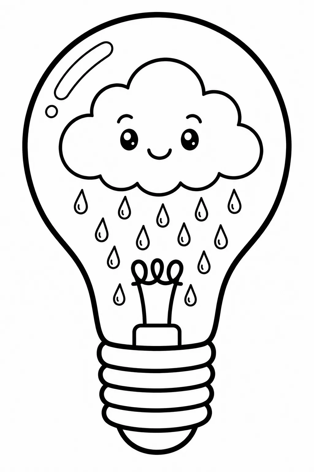 Adorable smiling rain cloud releasing falling water droplets inside a light bulb outline.