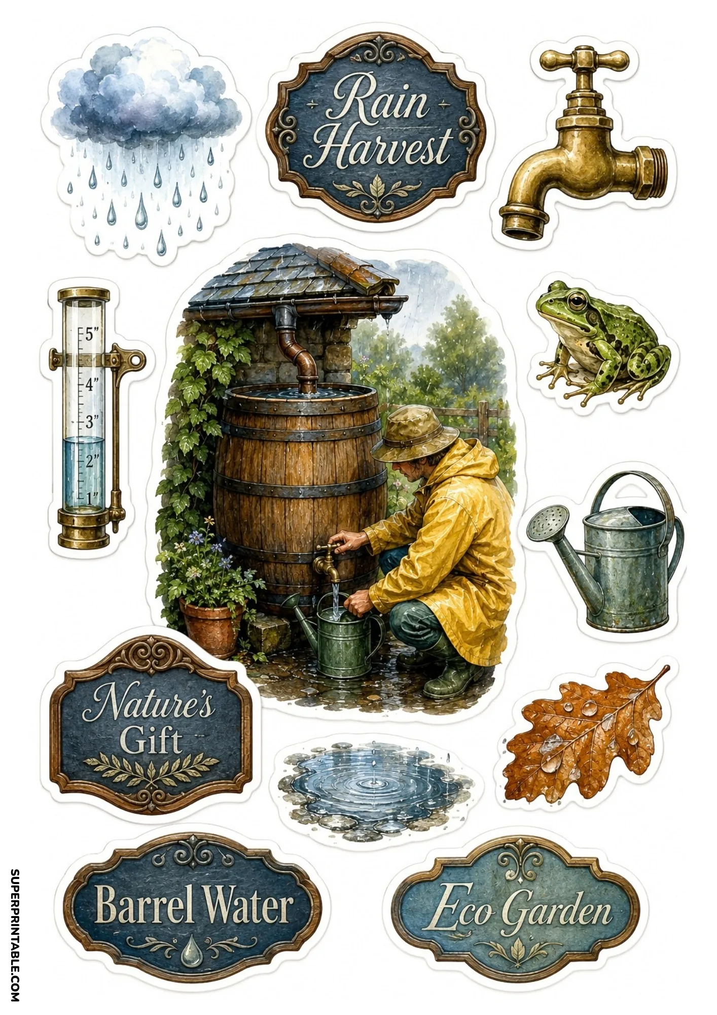 Rainwater harvesting stickers showing a man in raincoat, rain barrel, rain gauge, and garden watering tools.