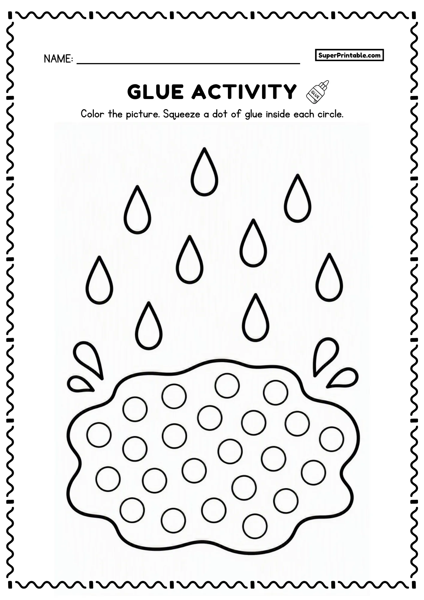 Rain and puddle glue activity with raindrops and circles for preschool weather learning