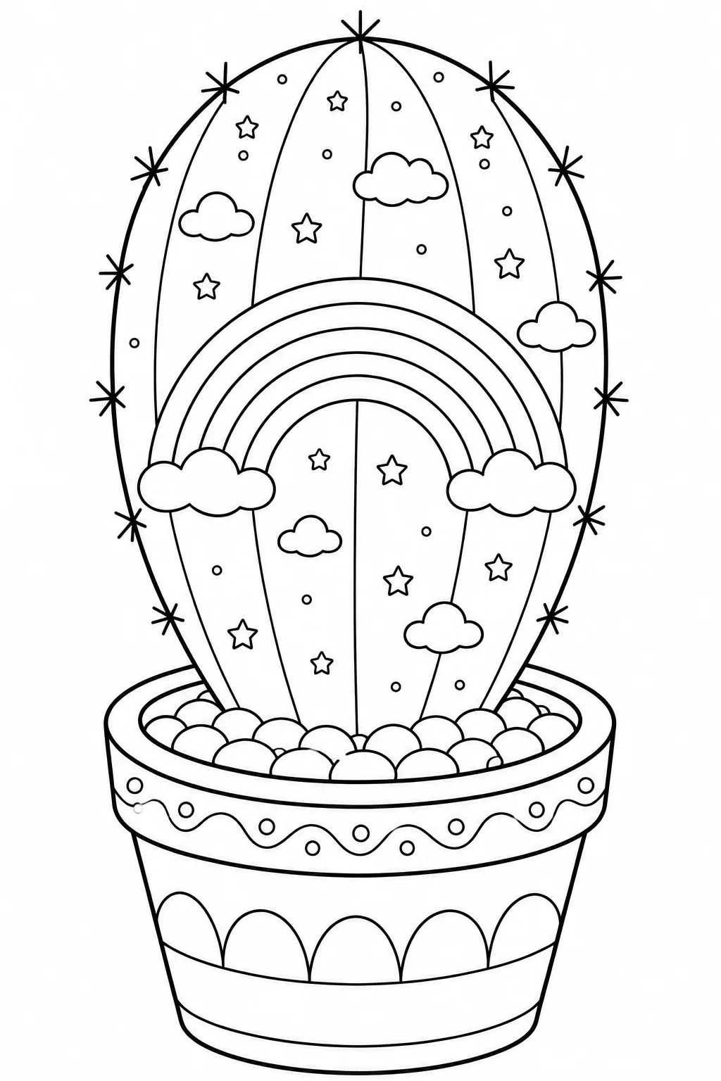Download these cactus coloring pages featuring a rainbow.