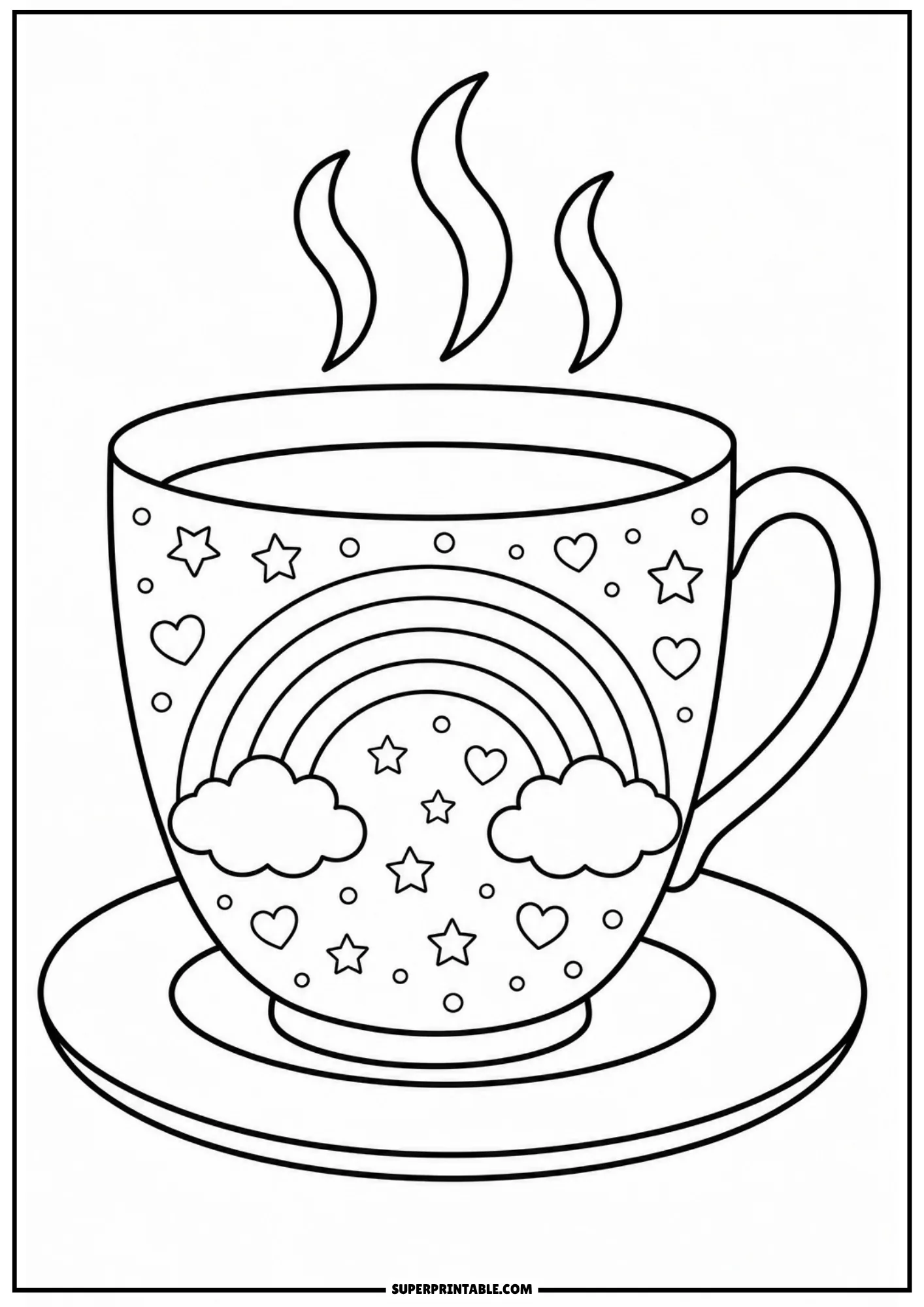 Steaming tea cup on a saucer decorated with a rainbow, fluffy clouds, stars, and tiny hearts.