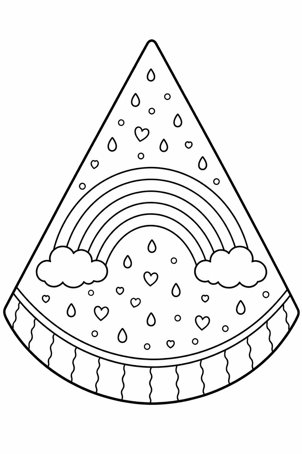 Prominent arched rainbow with clouds and hearts on a watermelon slice coloring page.