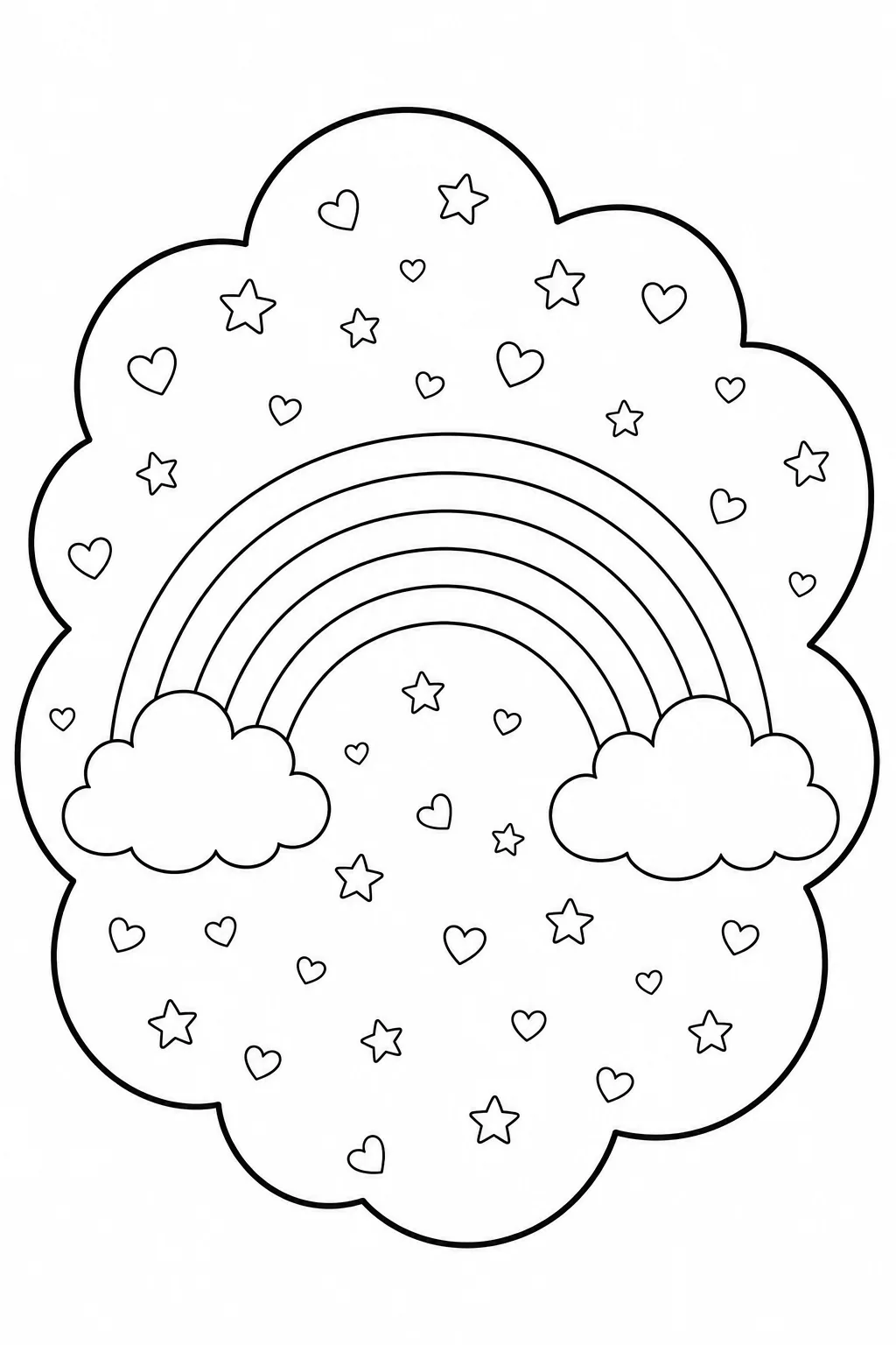 Classic rainbow between two small clouds surrounded by stars and hearts.