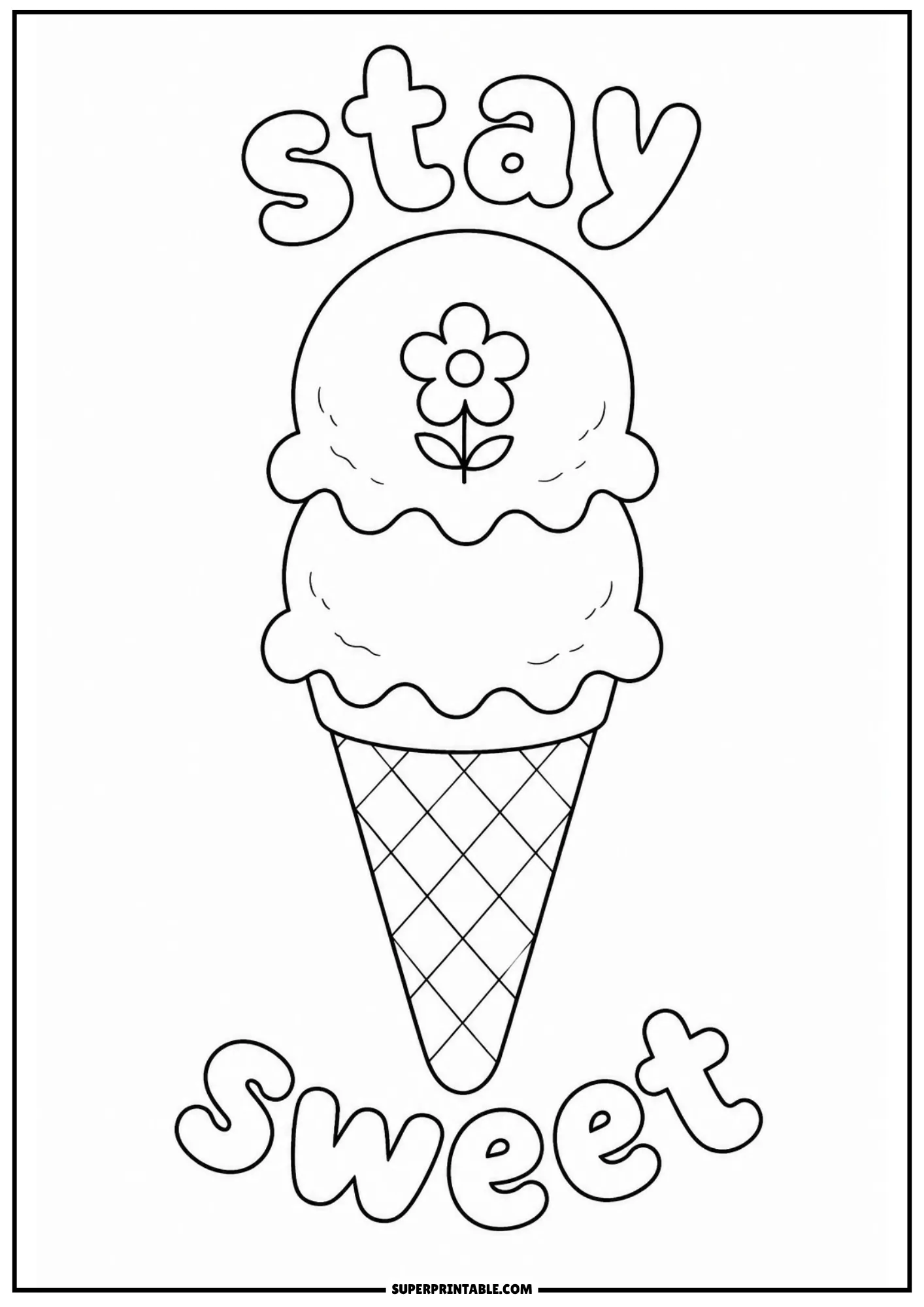 Rainbow ice cream cone with clouds, stars, and hearts for kids to color
