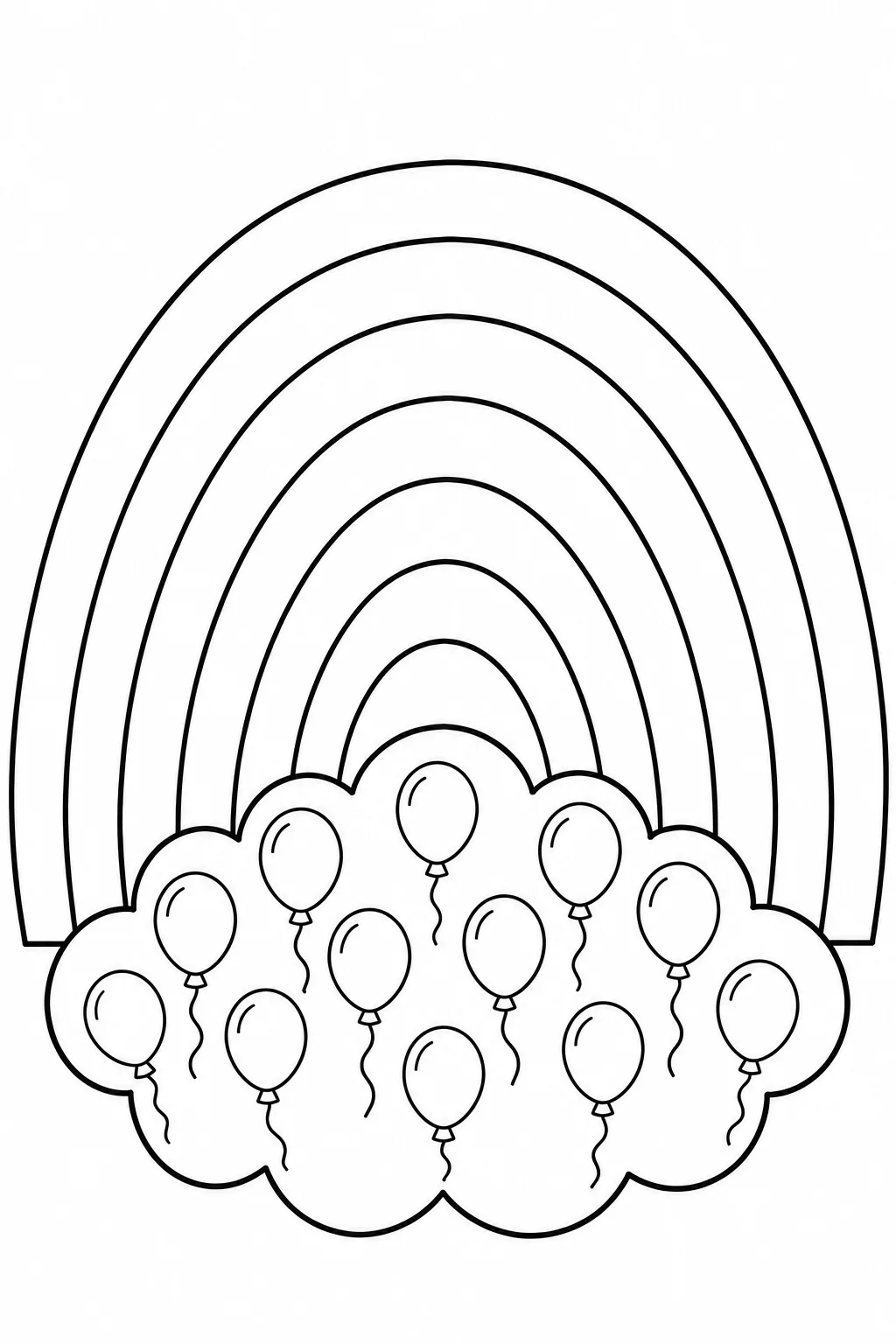 Rainbow coloring page with a cloud full of outlined balloons
