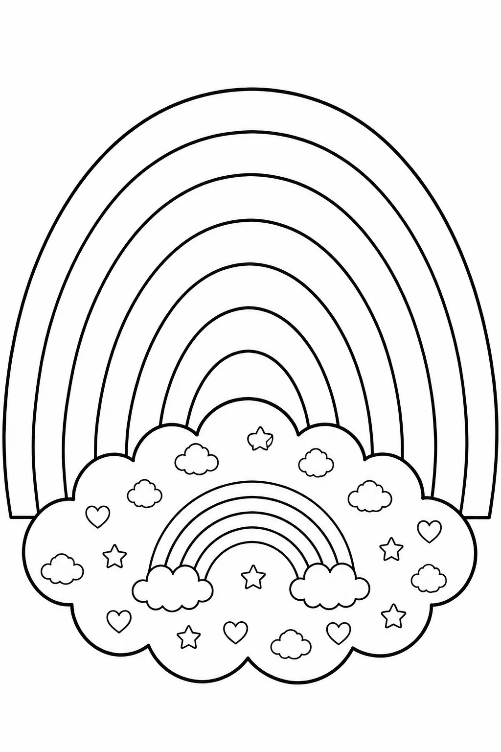 Rainbow page with mini rainbows, clouds, and stars inside the cloud