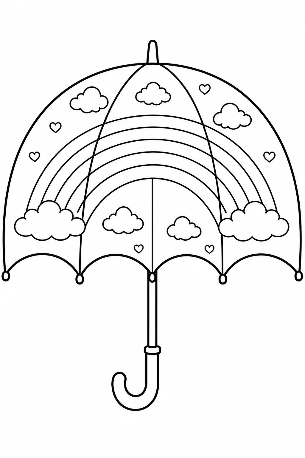 Large classic rainbow arching over fluffy clouds inside a canopy.