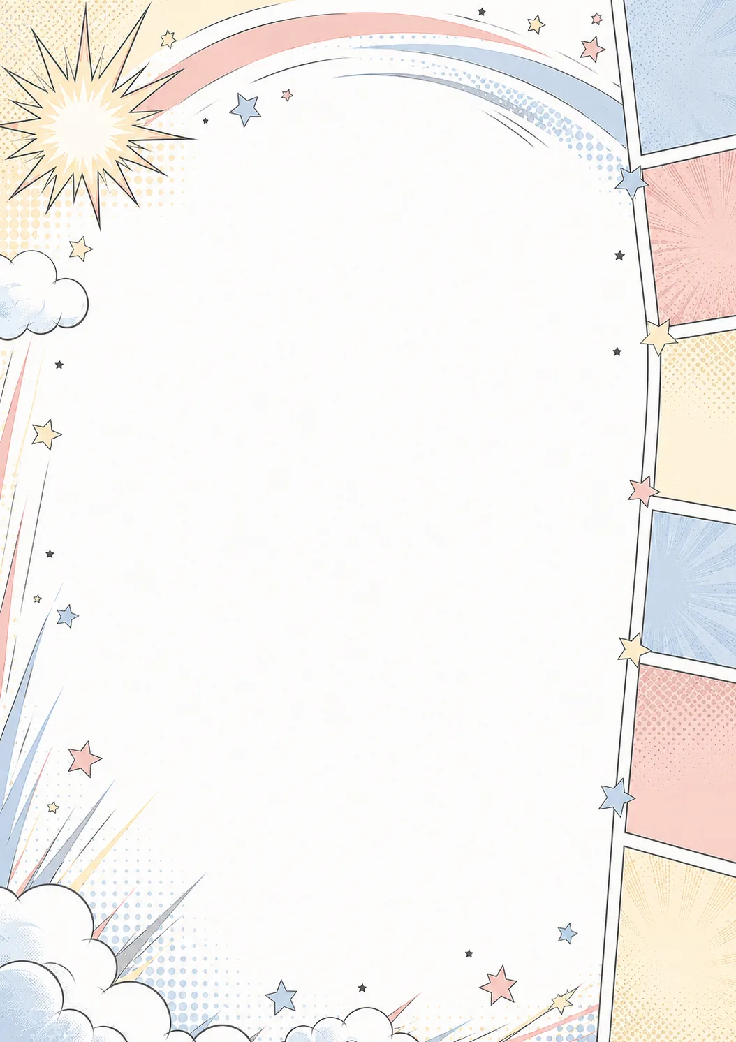 Soft rainbow comic border with colorful panels, stars, clouds, and spacious center