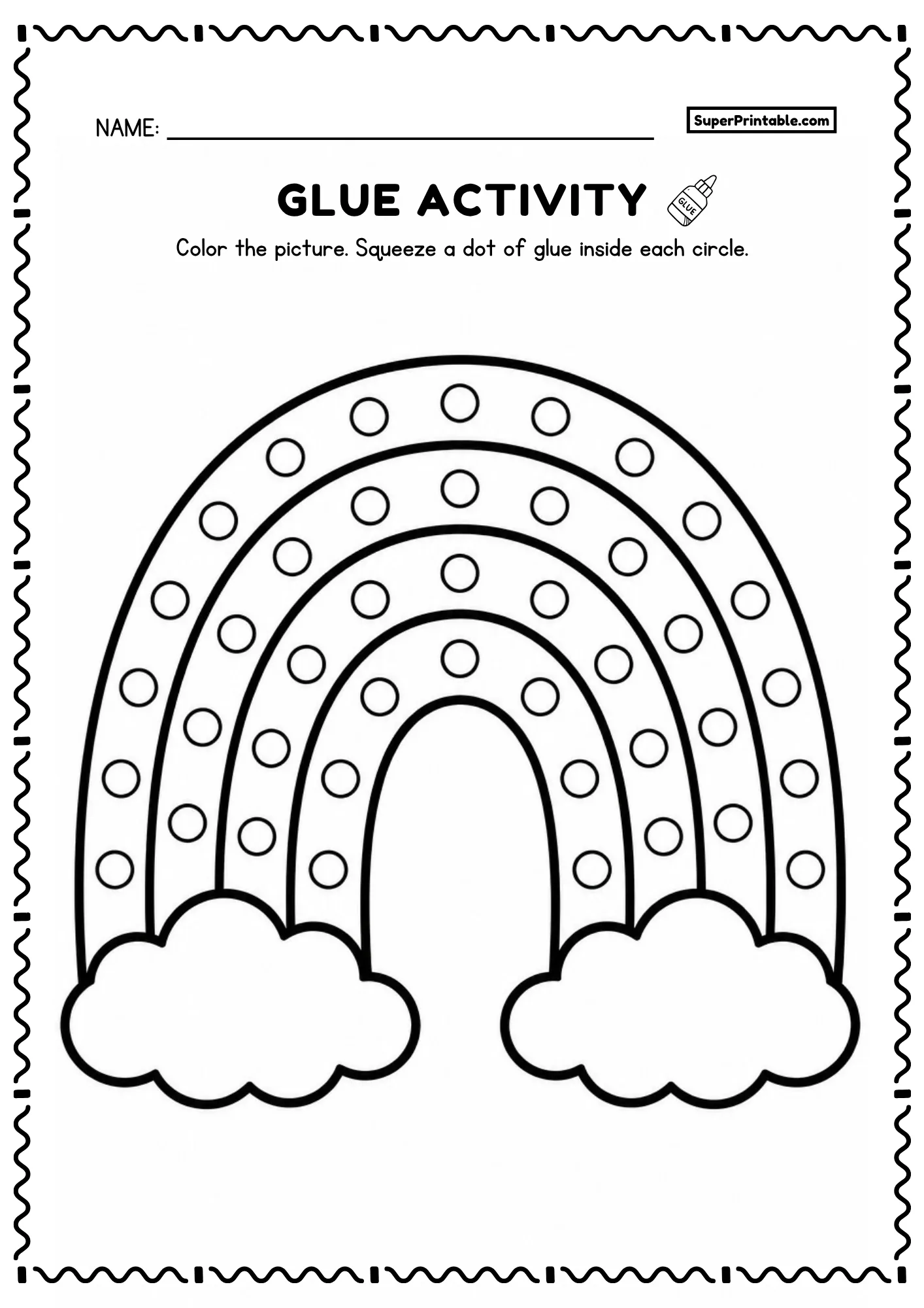 Rainbow printable glue activity worksheet with four bands and cloud puffs and dot circles for kids
