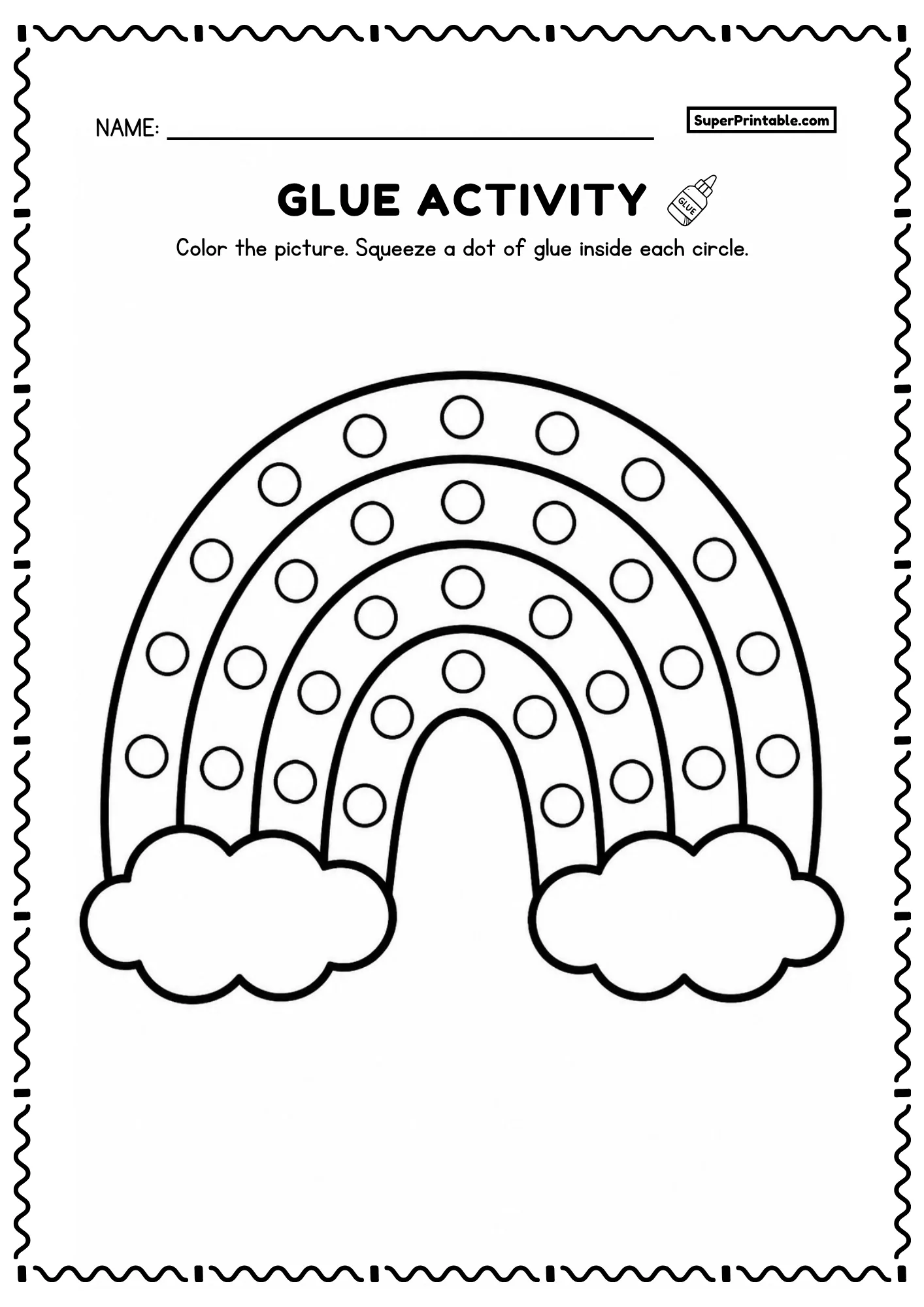 Rainbow and clouds glue activity with circles along the curved rainbow bands