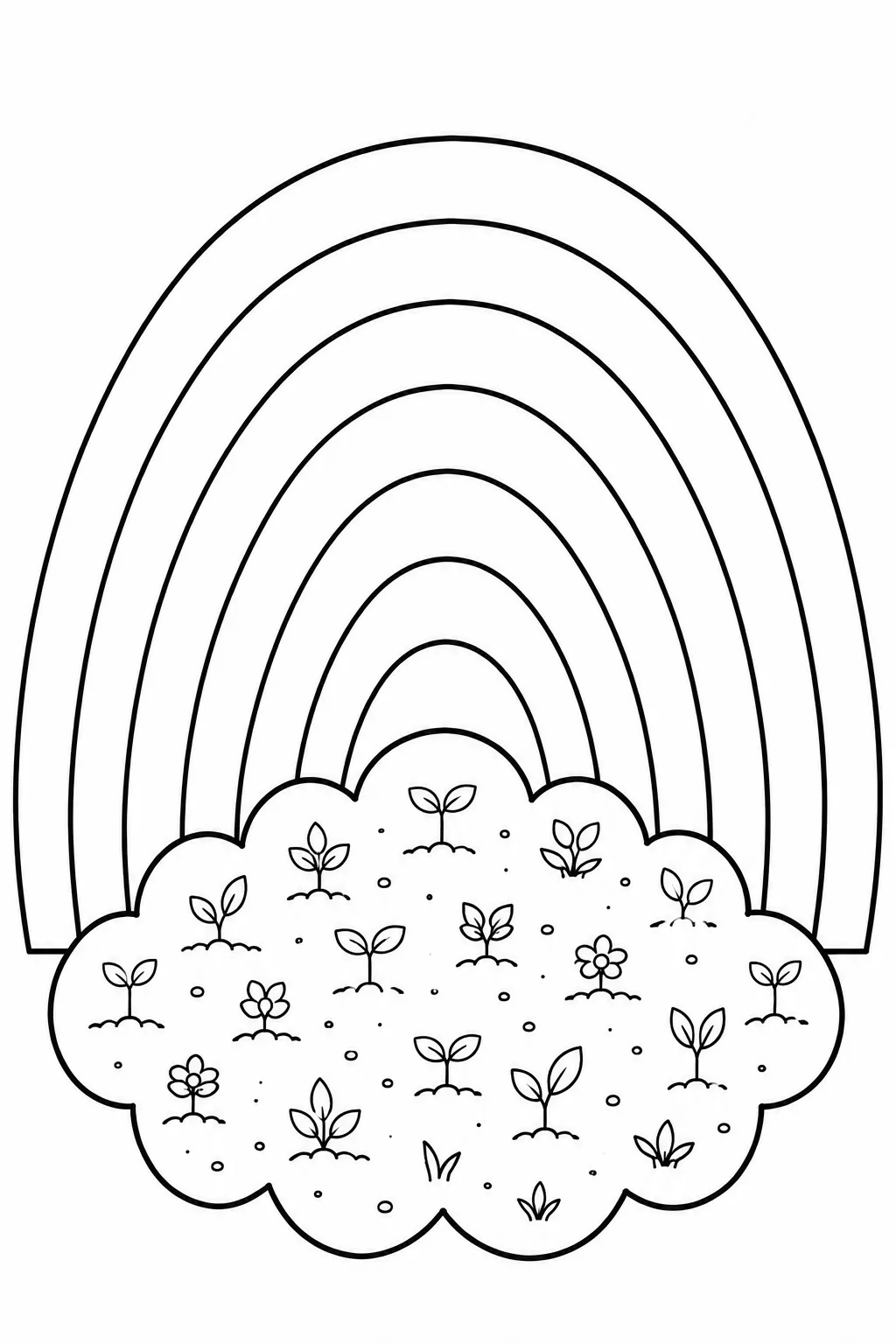 Rainbow page with a cloud filled with flowers, sprouts, and plant shapes