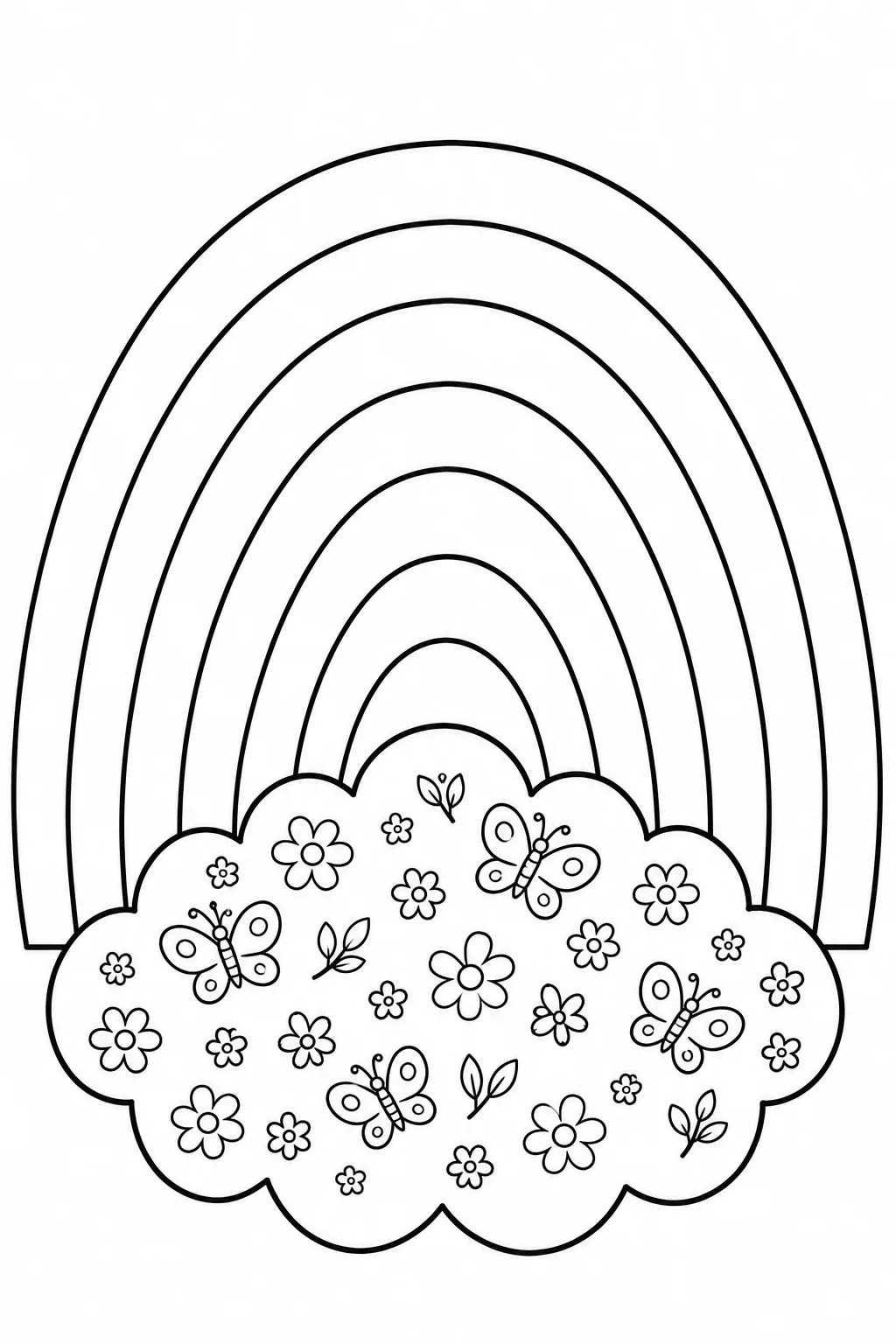 Rainbow page with a cloud covered in small flower patterns