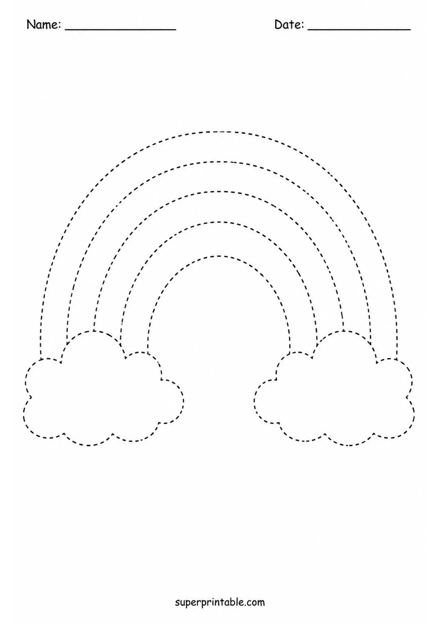 Concentric arch rainbow with fluffy clouds on both ends in dashed outline format for kids.