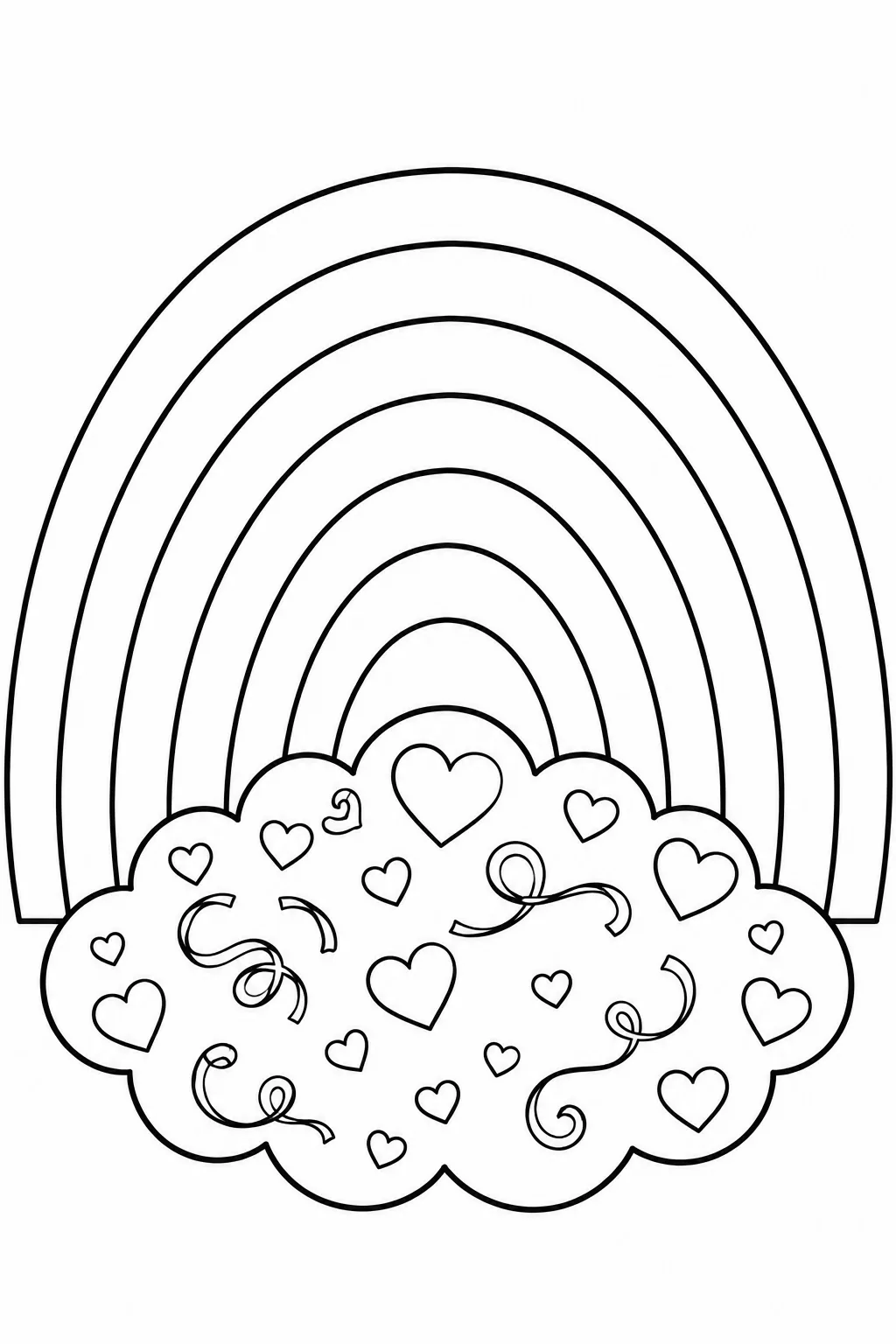 Rainbow page with a cloud filled with hearts and decorative shapes