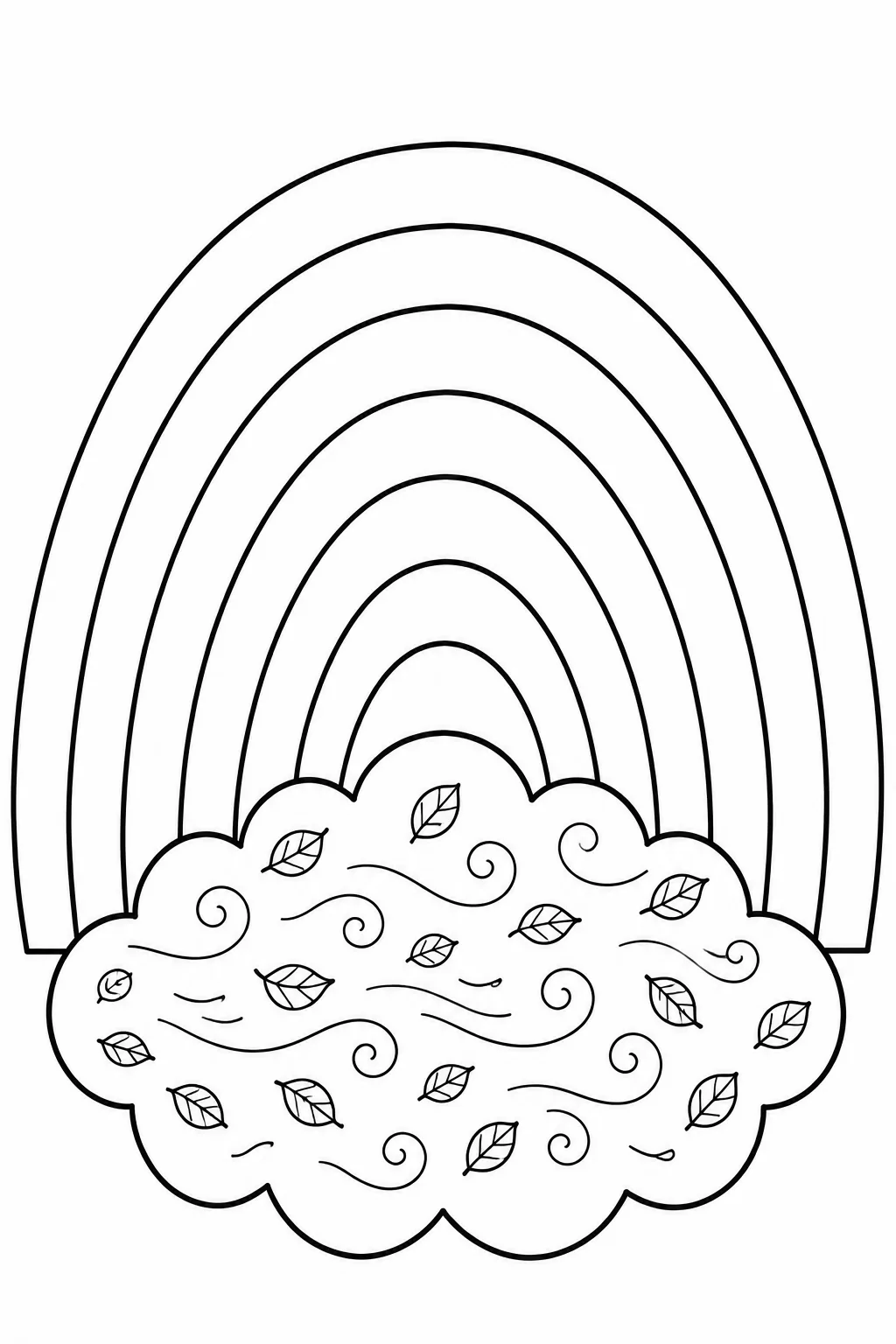Rainbow page with a cloud filled with leaves and curved swirl patterns