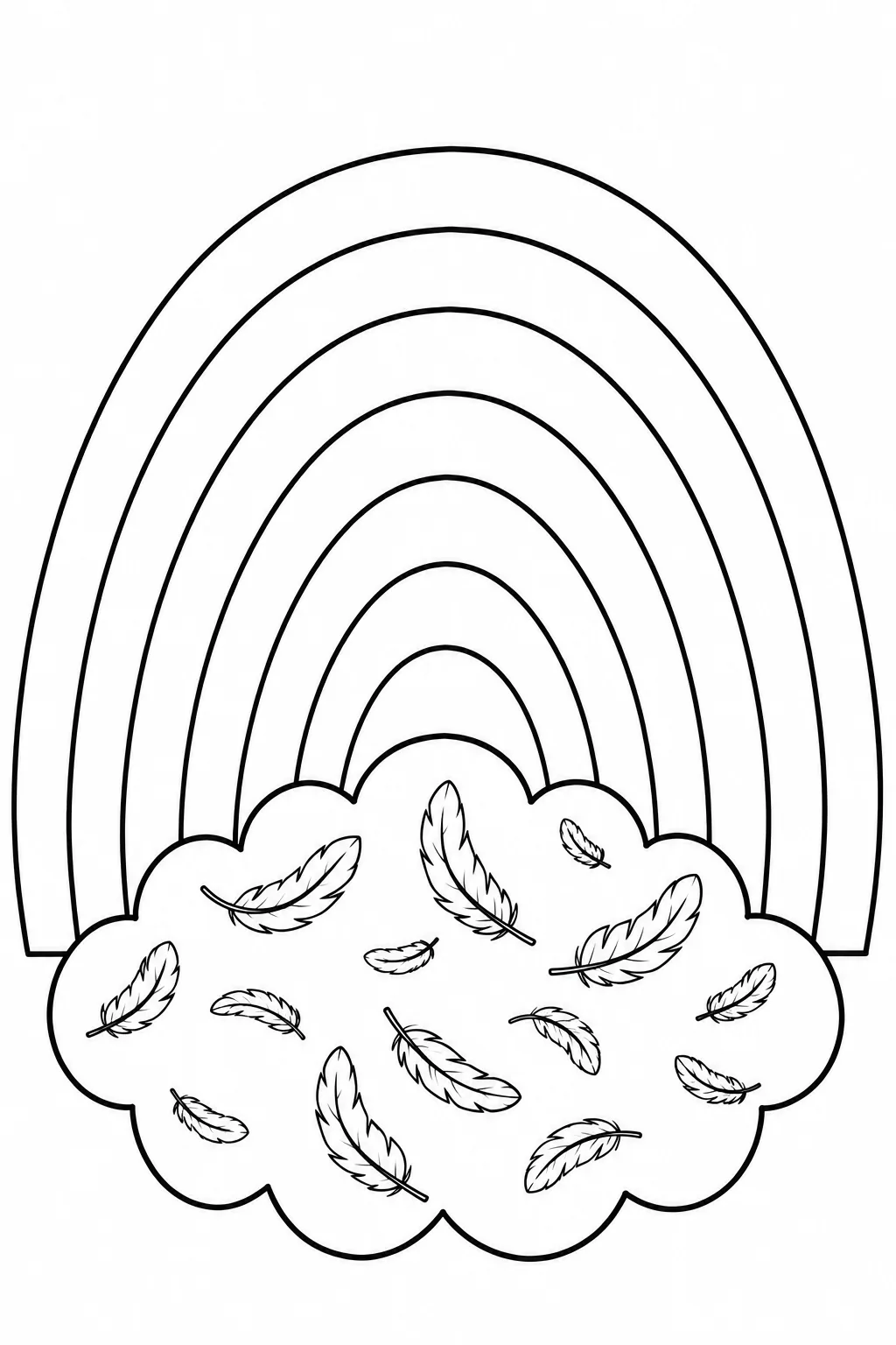 Rainbow coloring page with a cloud filled with repeating leaf patterns
