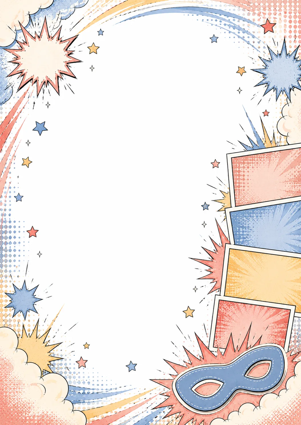 Rainbow comic border with superhero mask, colorful stars, clouds, bursts, and panels