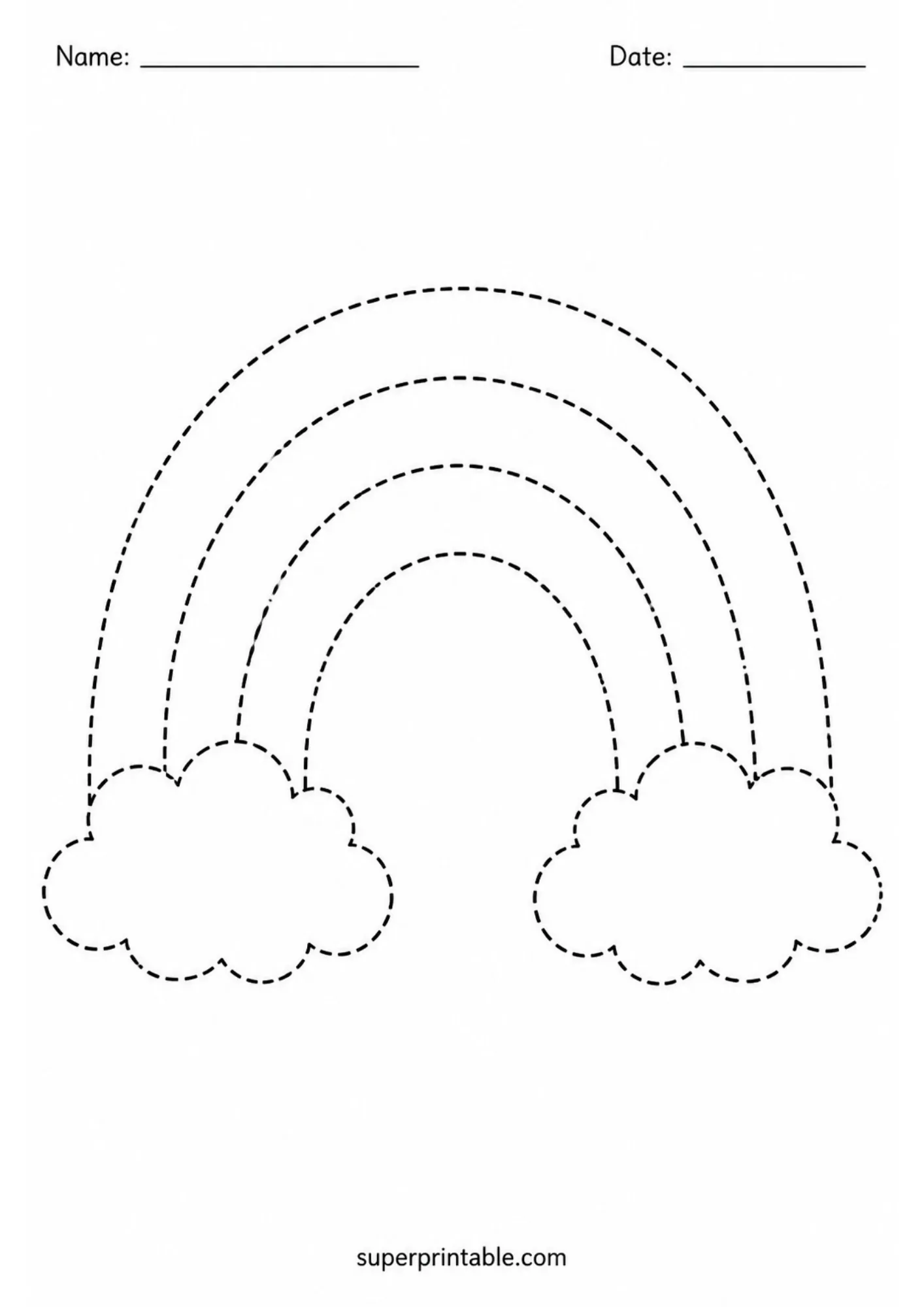 Black and white tracing worksheet featuring a semi-circular four-band rainbow connected to two fluffy clouds with dashed lines.