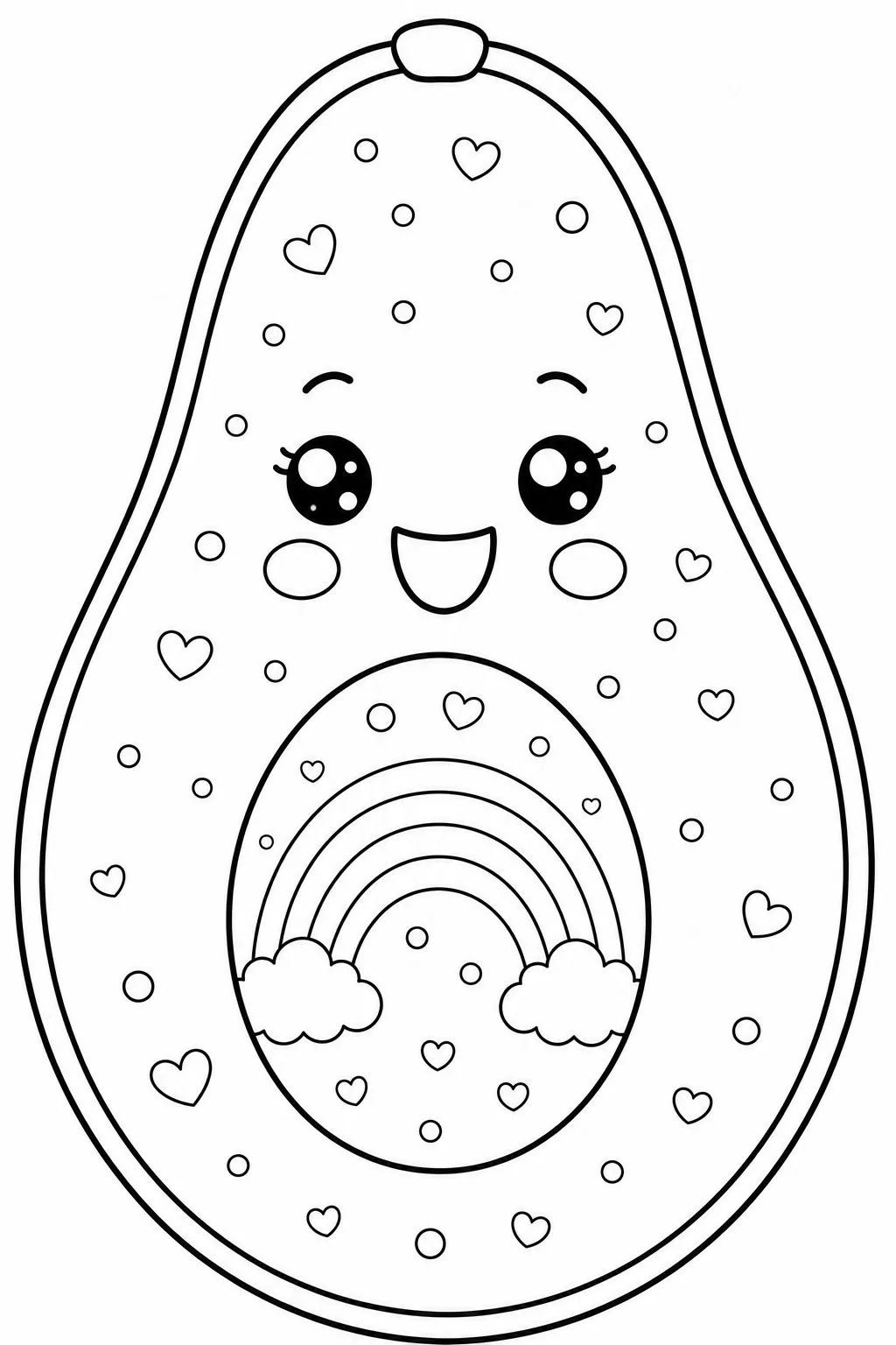Friendly avocado with a rainbow pit and scattered heart patterns.