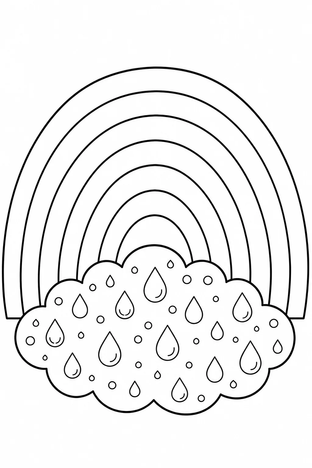Rainbow coloring page with a cloud filled with outlined raindrops