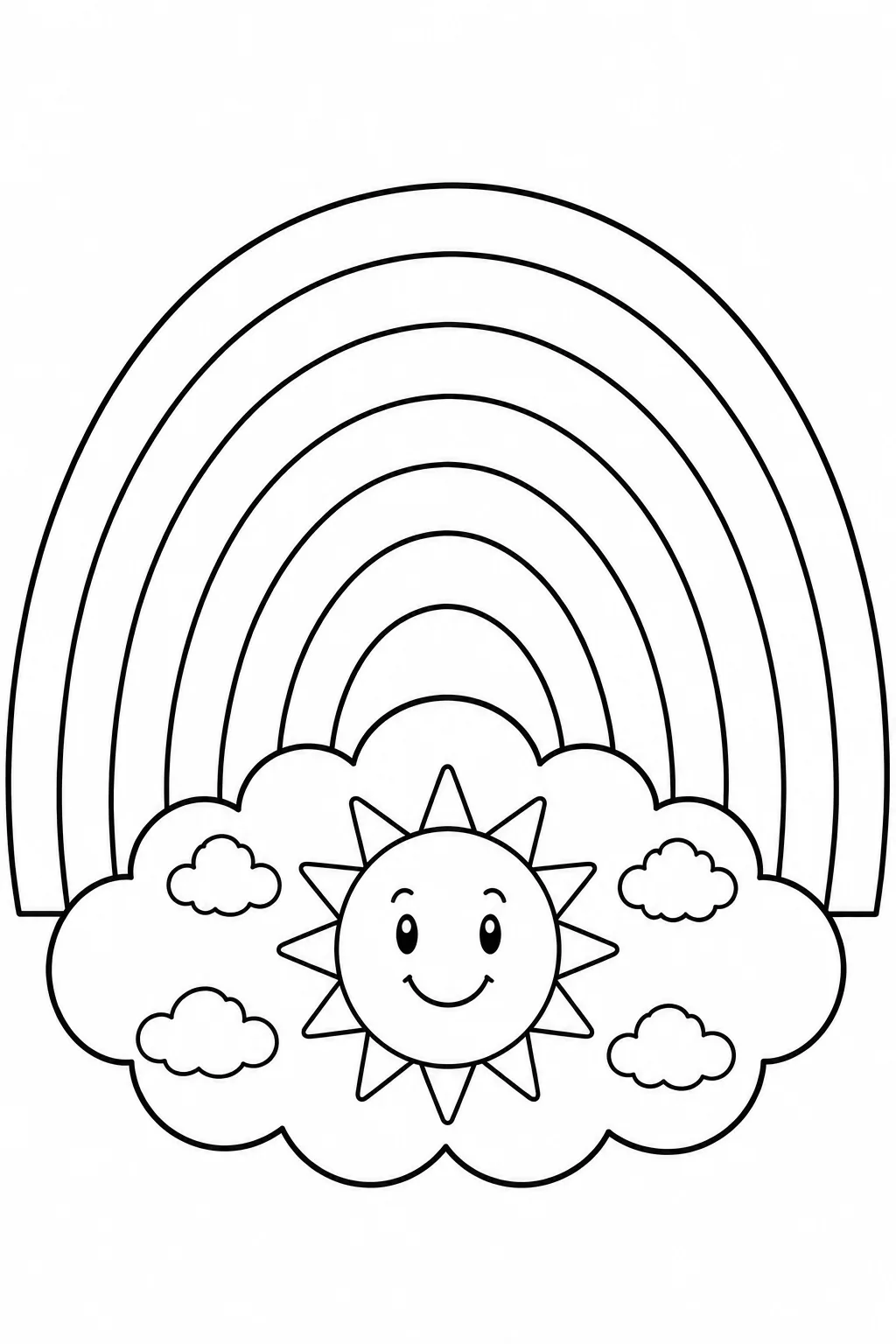 Rainbow page with a smiling sun surrounded by fluffy clouds