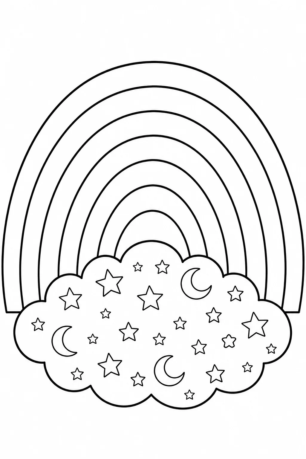 Rainbow coloring page with stars and crescent moons in the cloud