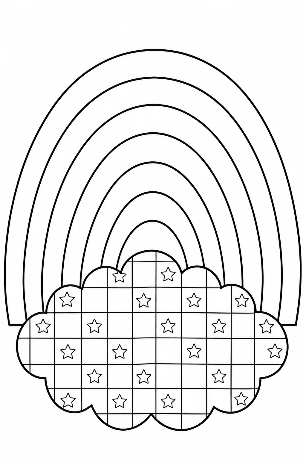 Rainbow coloring pages with a star grid pattern inside the cloud