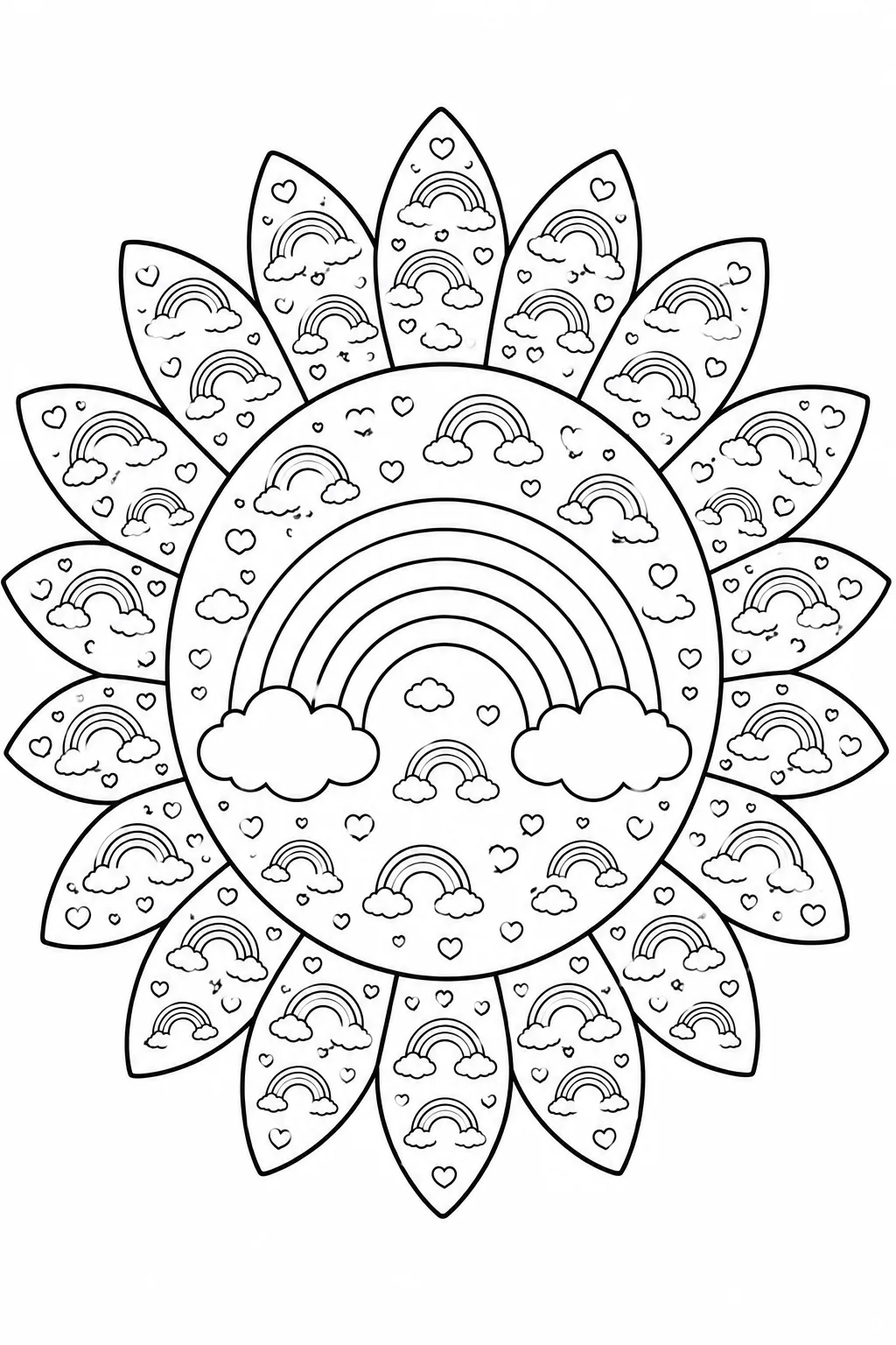 Whimsical sunflower line art page densely patterned with mini rainbows and puffy clouds.