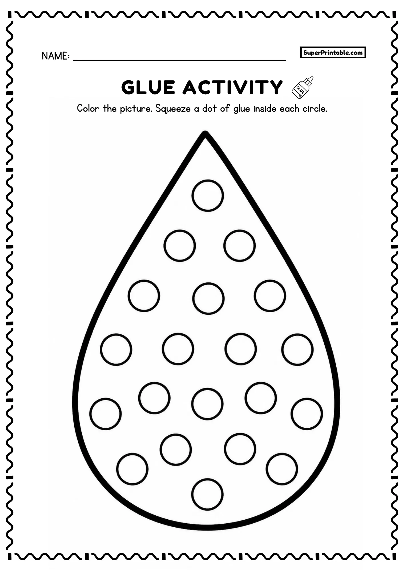 Large raindrop glue activity with outlined circles for preschool fine motor practice