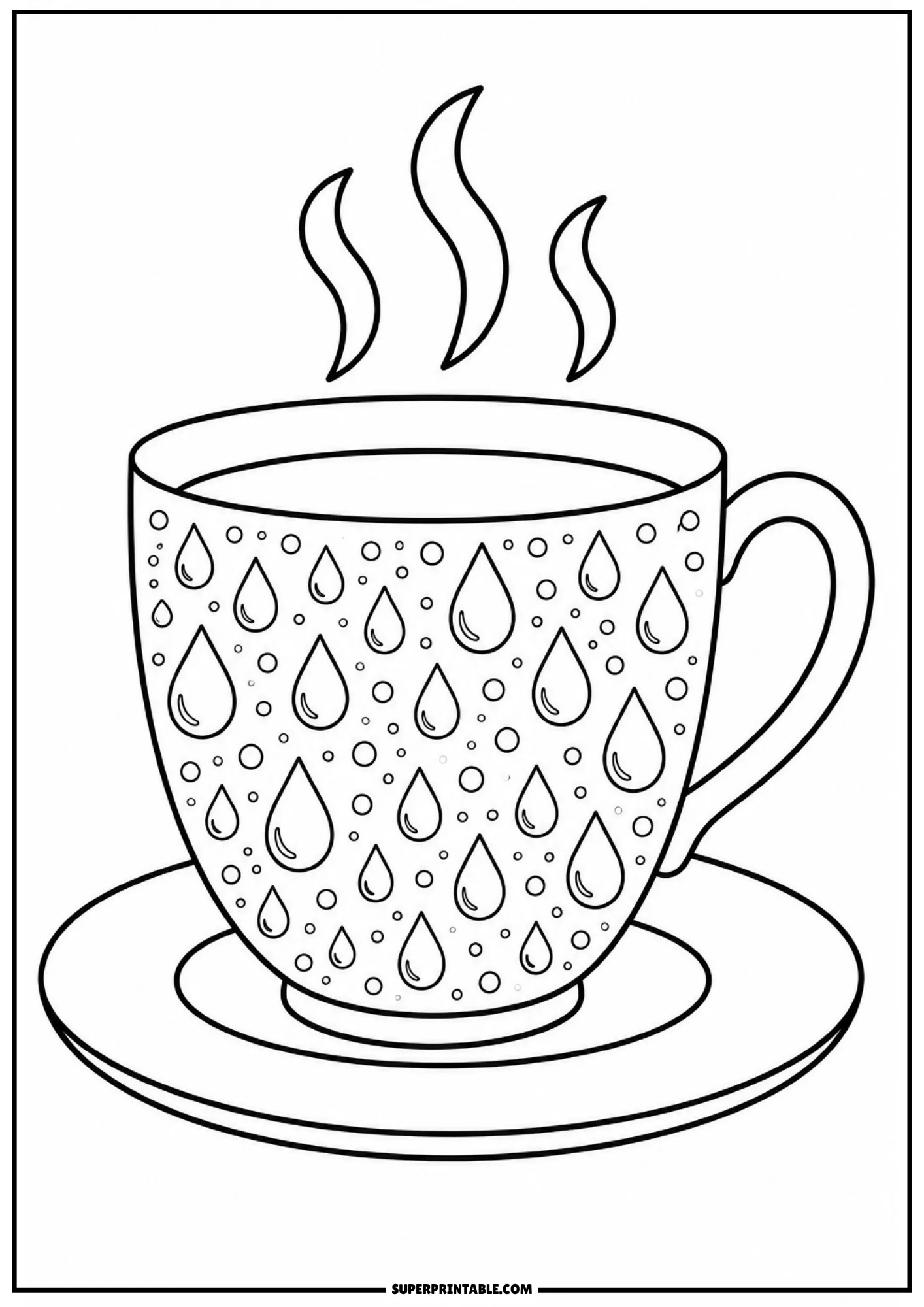 Coloring sheet of a hot teacup and saucer patterned with falling raindrops and tiny bubble droplets.