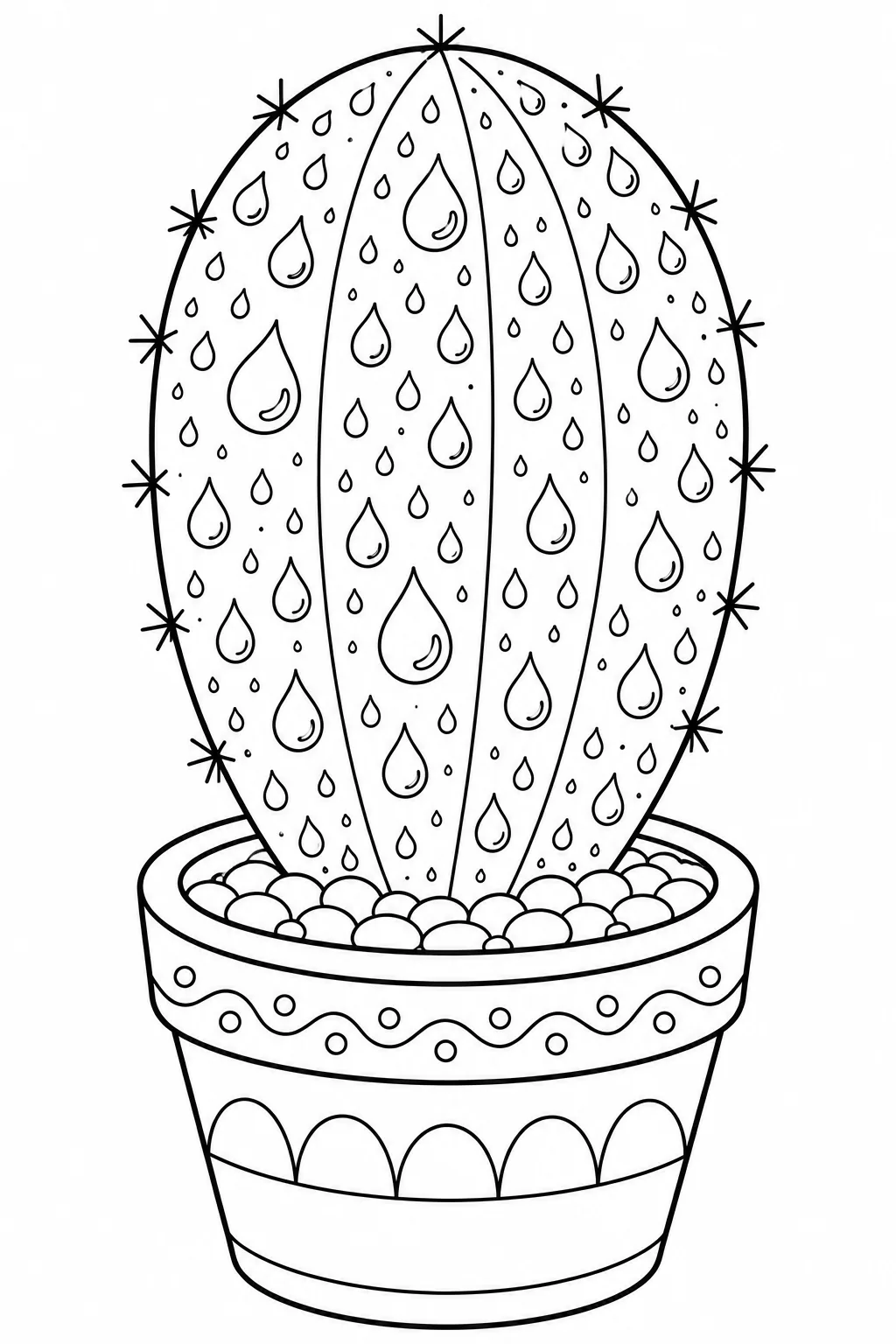 Repeating pattern of falling raindrops inside a potted cactus.