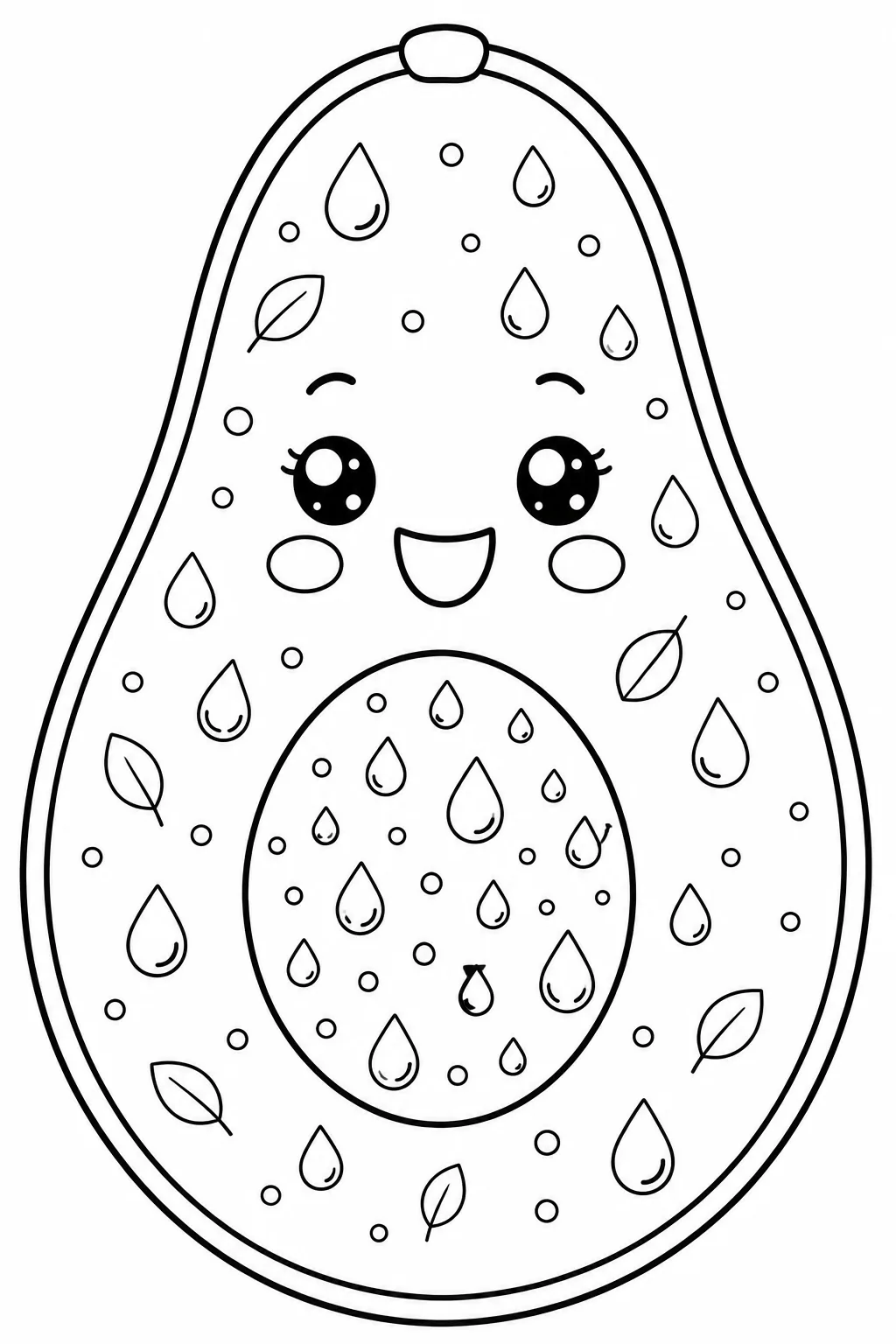 Smiling avocado covered in a pattern of raindrops and leaves.