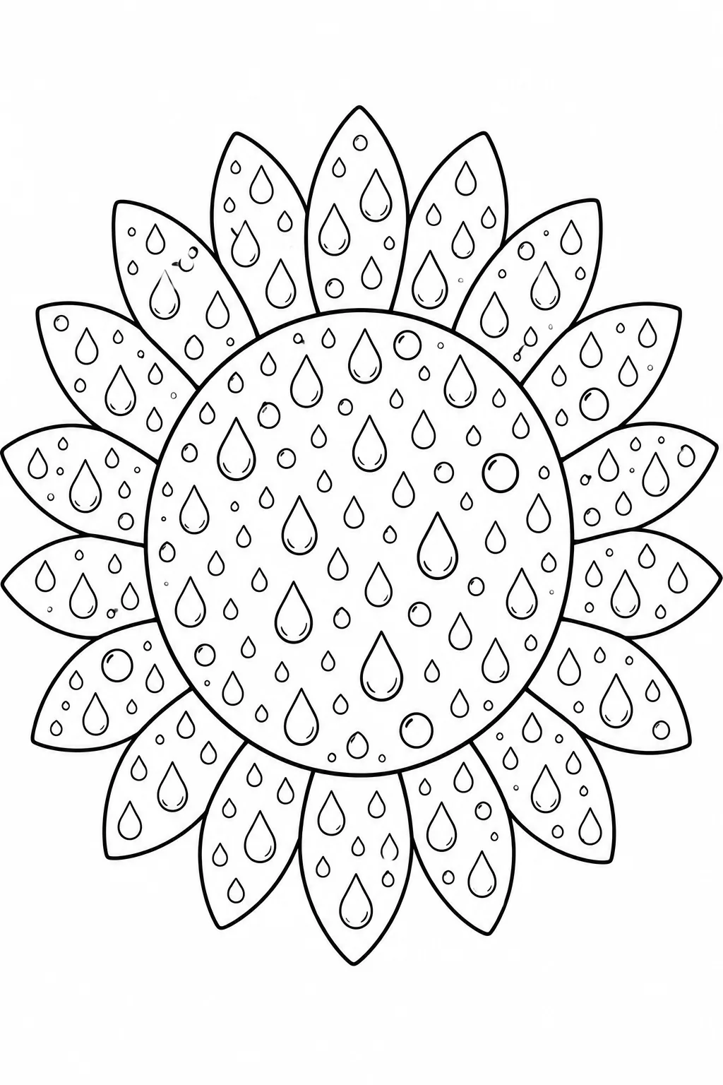 Sunflower line drawing filled with refreshing water raindrops and floating droplets pattern.