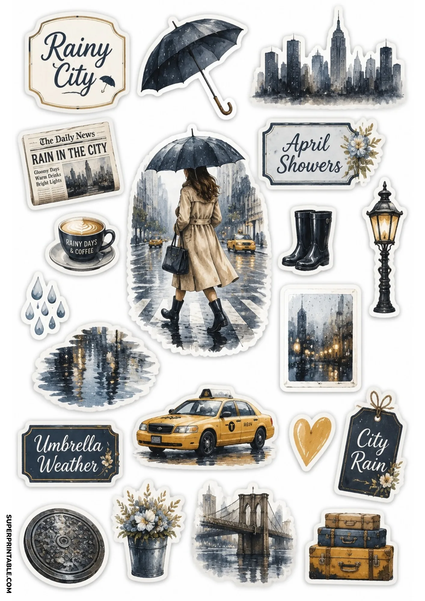 Urban rainy city stickers showing a woman in a trench coat crossing a street with yellow taxis.