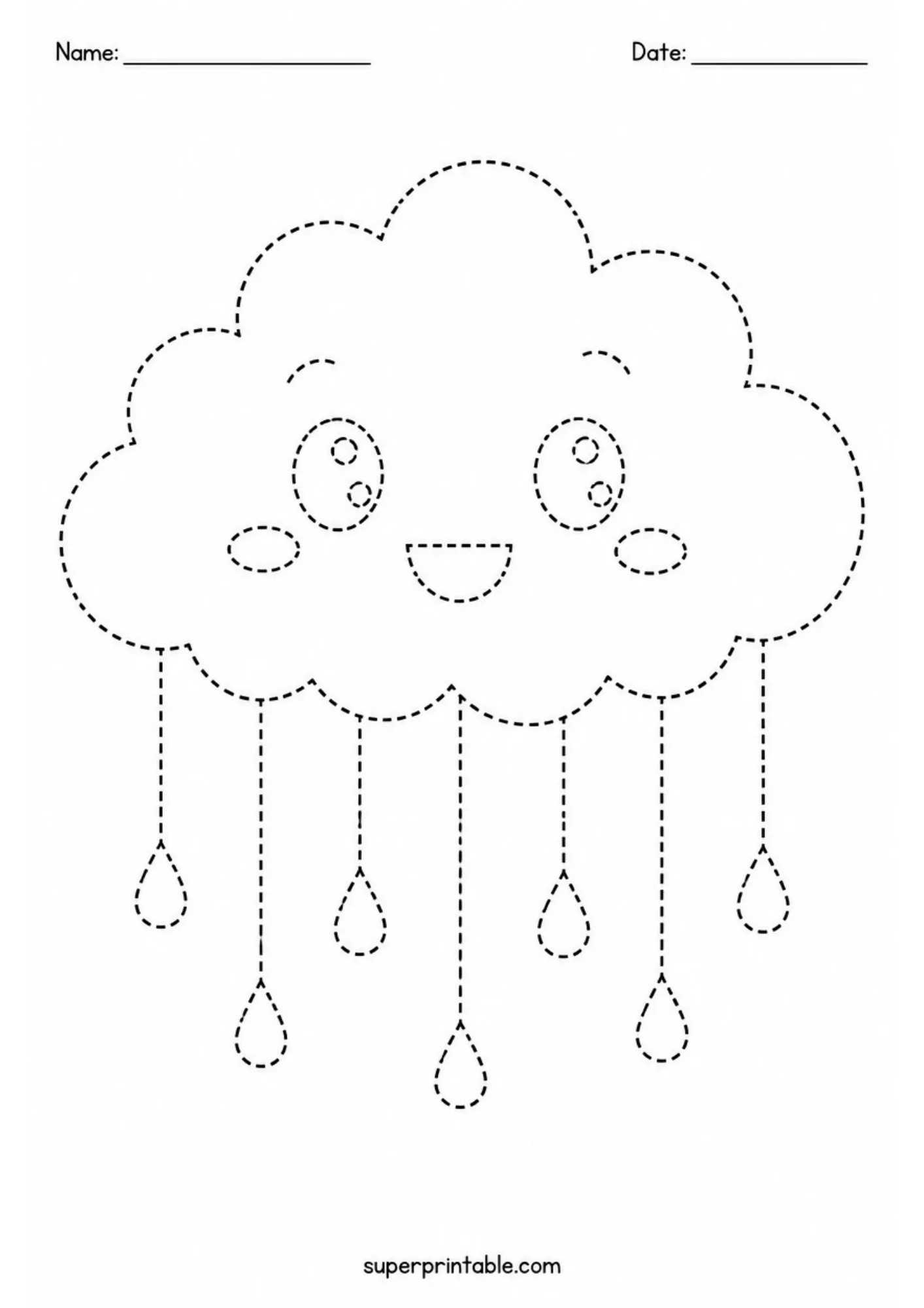 Black and white tracing worksheet of a happy cloud with vertical dashed rain lines dropping down to teardrop shapes.