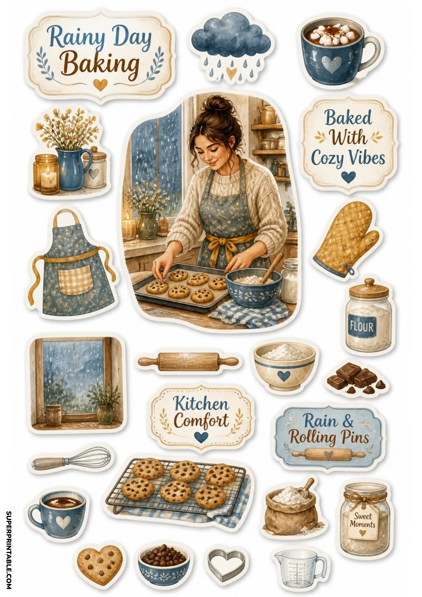 Cozy home baking stickers of a woman making chocolate chip cookies in a kitchen while it rains.