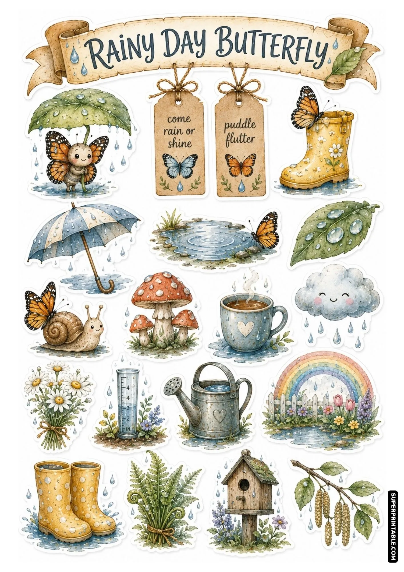 Cozy rainy day garden sticker sheet featuring butterflies under leaf umbrellas, yellow rain boots, and rain puddles.