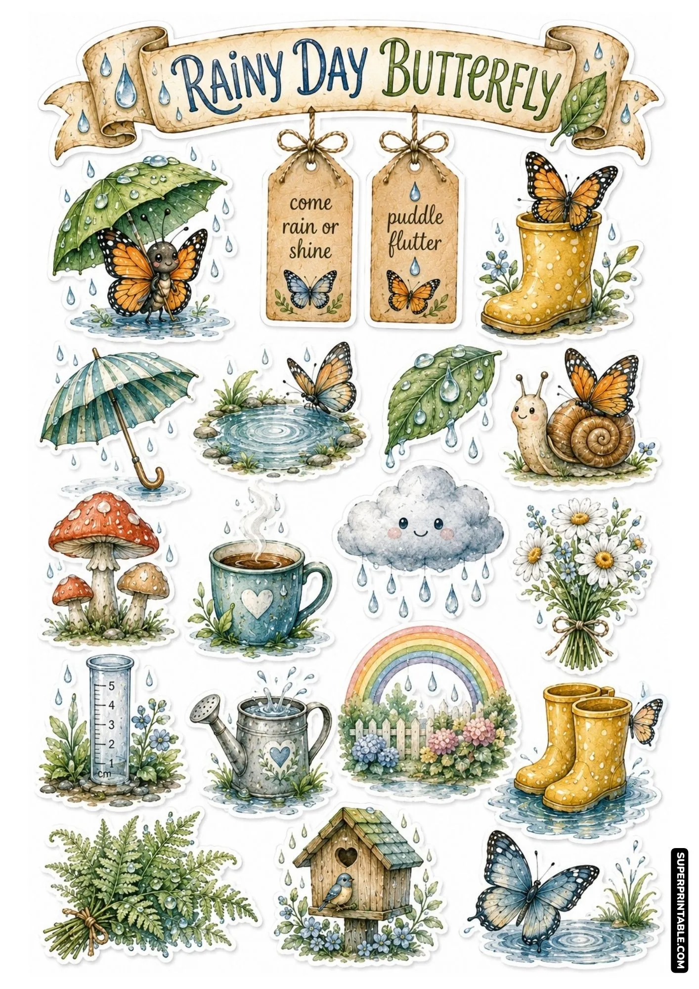 Cozy rainy day butterfly sticker sheet showing rainboots, umbrellas, smiling clouds, and rainbows.