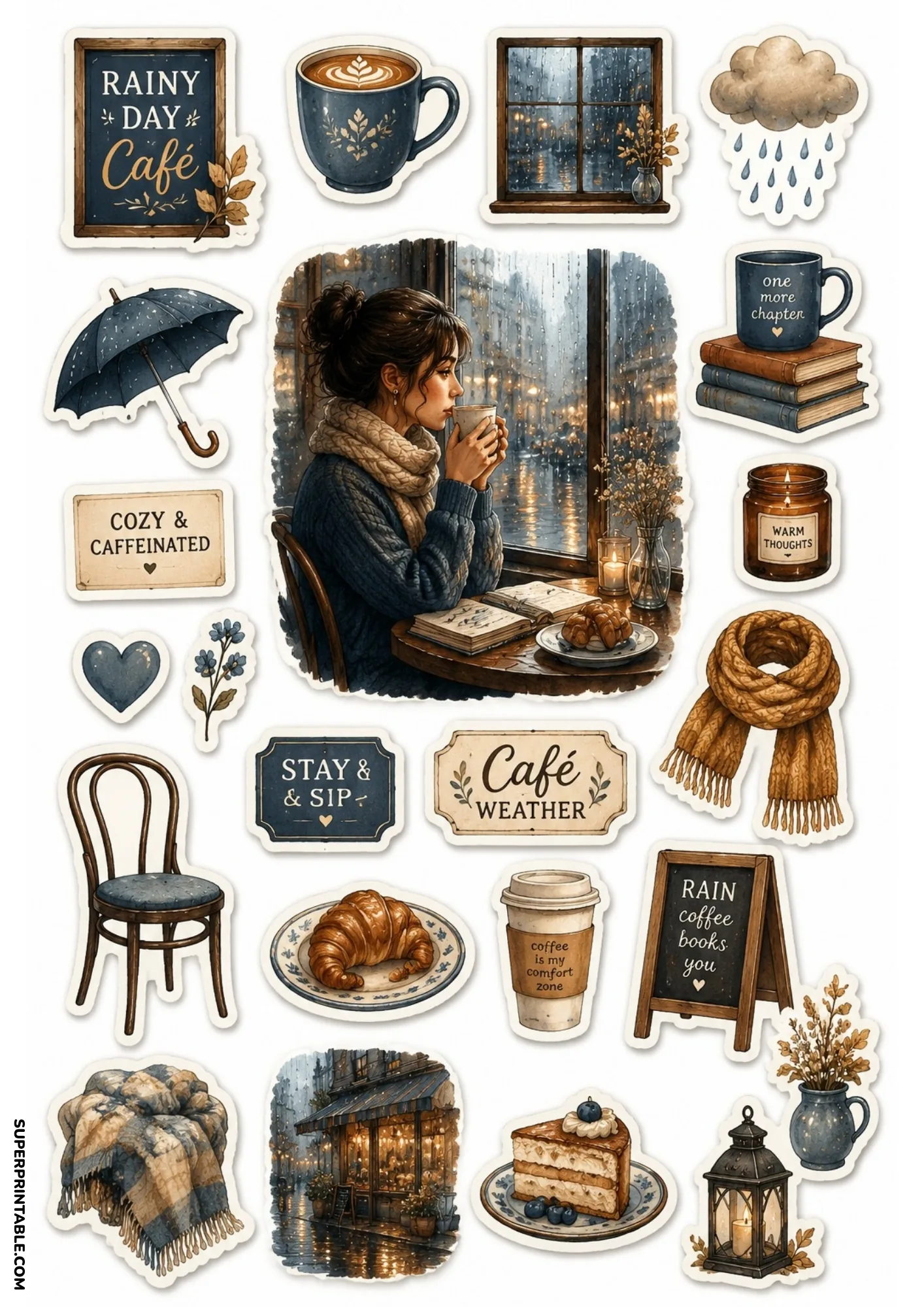 Rainy day café stickers depicting a woman sipping coffee looking out a rain-streaked cafe window.