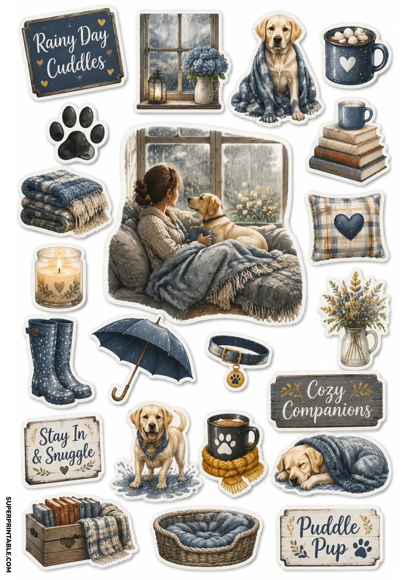Cozy rainy day stickers featuring a woman looking out a wet window cuddling her dog under a blanket.