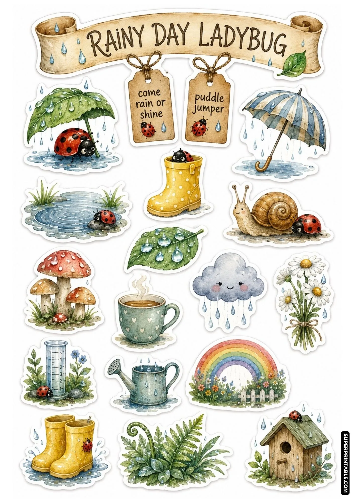Cozy rainy day garden sticker sheet featuring ladybugs under leaf umbrellas, yellow rain boots, and bright rainbows.